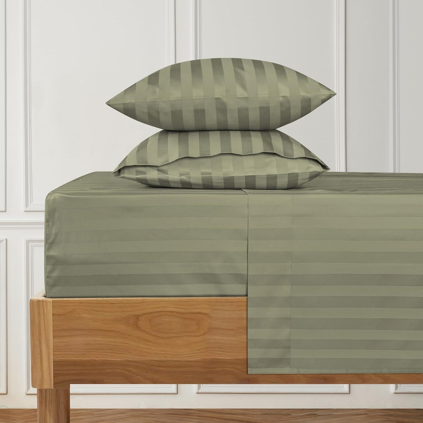 URBANHUT 1000 Thread Count Damask Striped Queen Size Egyptian Cotton Sheets, Long Staple Soft & Breathable, 4 Pc Bed Sheet Sets, Luxury Hotel Sateen Sheets Fits 16" Deep Pocket - Sage