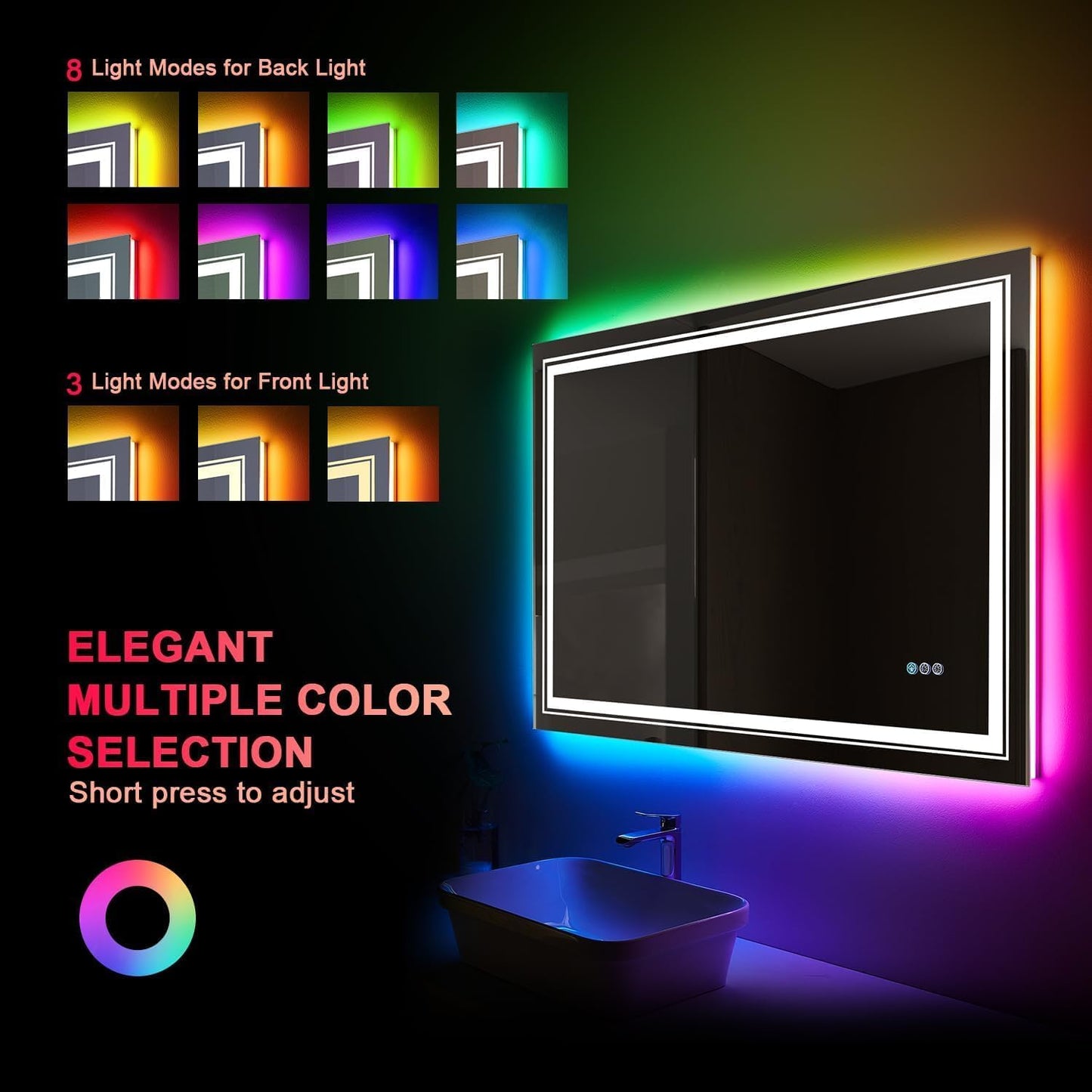 LED Mirror for Bathroom, 48"X40" with 8 RGB Backlit +3 Front Lit (Adjustable Individually), Anti-Fog, Large Lighted Bathroom Vanity Mirror for Wall,Shatterproof,Memory Function,Tempered Glass