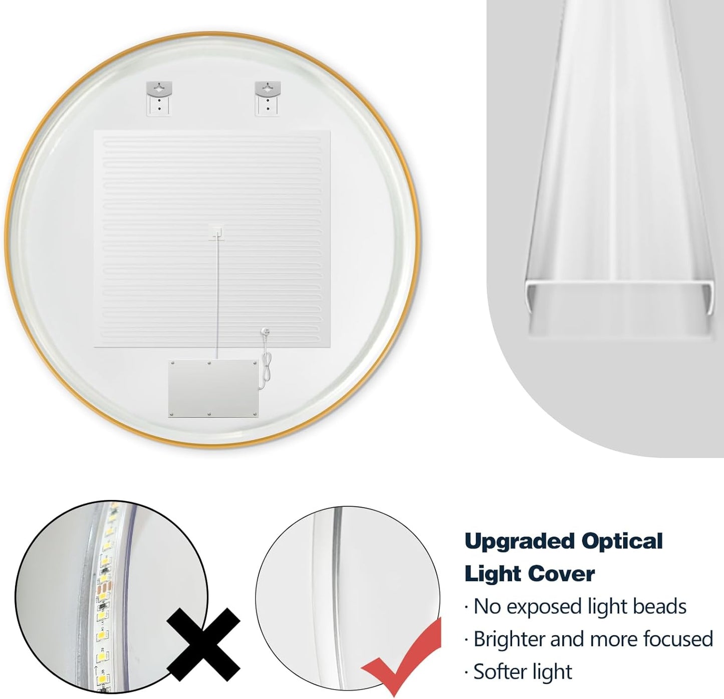 Niccy Round Led Mirror for Bathroom, 40" Backlit Mirror for Wall Circle Lighted Mirror with Gold Frame Anti-Fog, 3 Colors, HD Glass and IP65 Waterproof