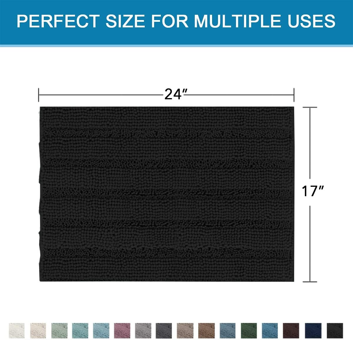 H.VERSAILTEX Bathroom Rugs Bath Rugs Non Slip Bath Mats Extra Thick Chenille Striped Rug 17" x 24" Absorbent Soft Shaggy Washable Dry Fast Bath Mats for Bathroom Floor - Black