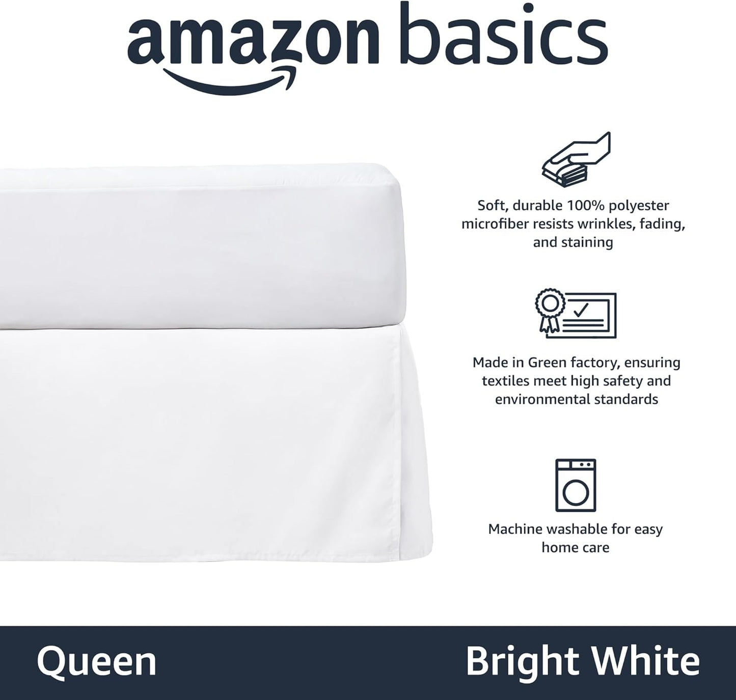 Amazon Basics Lightweight Pleated Bed Skirt, Queen, Bright White, Solid