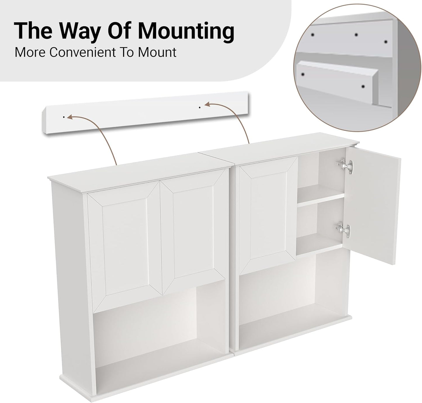 Bathroom Wall Cabinet Wooden with 2 Doors,Over the Toilet Storage Cabinet,Bathroom and Laundry Wall Mount Storage Medicine Cabinet with Open and Adjustable Shelf,Easy Assembly (Style A-2 PC, White)