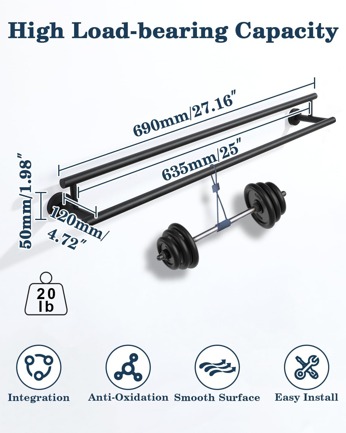 Alise Double Bath Towel Bars,28 Inch Towel Racks for Bathroom,SUS304 Stainless Steel Towel Holder,Sturdy Towel Hanger Wall Mounted,Towel Rod,Robe Towel Hooks,Matte Black Towel Rail,GYT6902-B