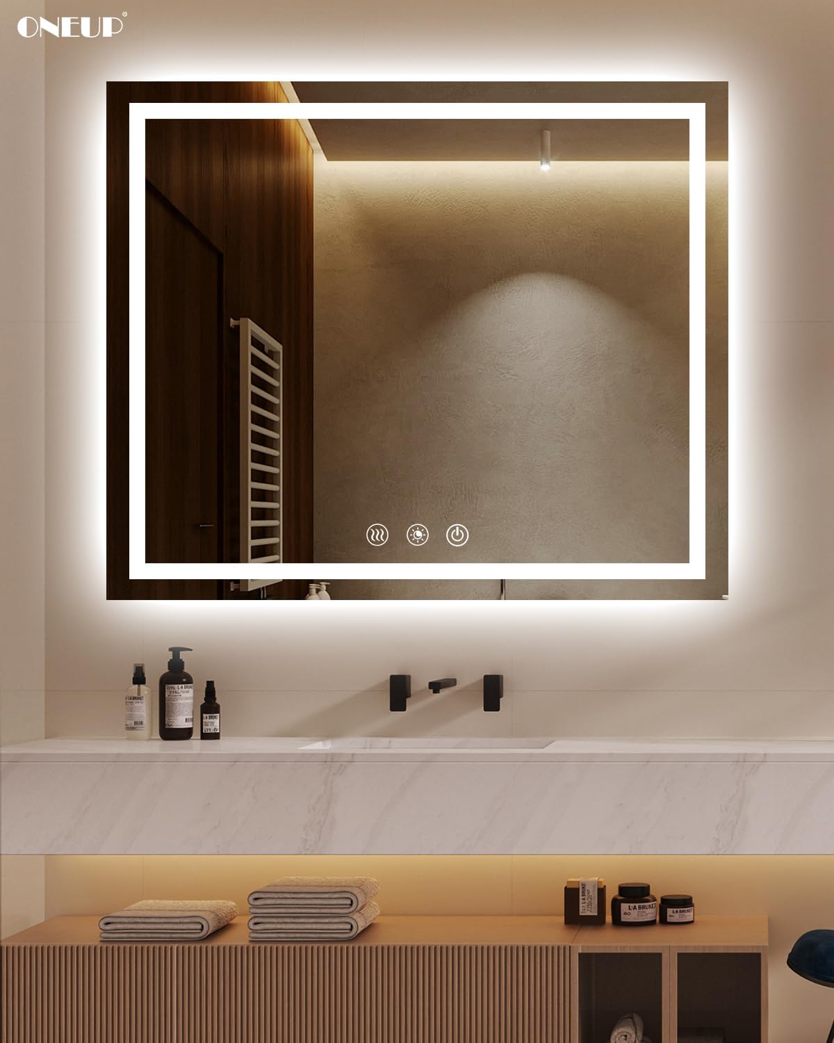 oneup 48''x40'' Bathroom Mirror with Lights,Front Lighted Bathroom Mirrors for Wall,Anti-Fog Smart Vanity Mirror,Touch Button and Memory Function,Dimmable 3-Color Lights