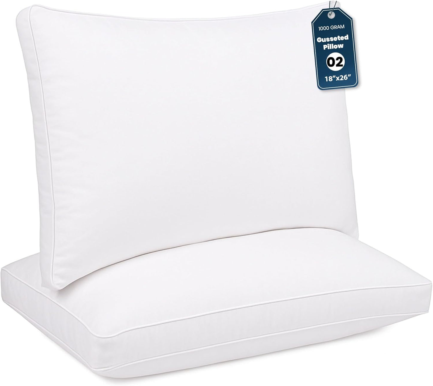 GOLD TEXTILES Pillows Queen Size Set of 2 (18x26 Inches)- Gusseted Hotel Quality Medium Firm Pillow - Plush Fiber Filling for Back & Side Sleeper, Easycare (White, 18x26)