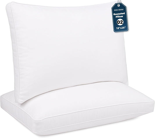 GOLD TEXTILES Pillows Queen Size Set of 2 (18x26 Inches)- Gusseted Hotel Quality Medium Firm Pillow - Plush Fiber Filling for Back & Side Sleeper, Easycare (White, 18x26)
