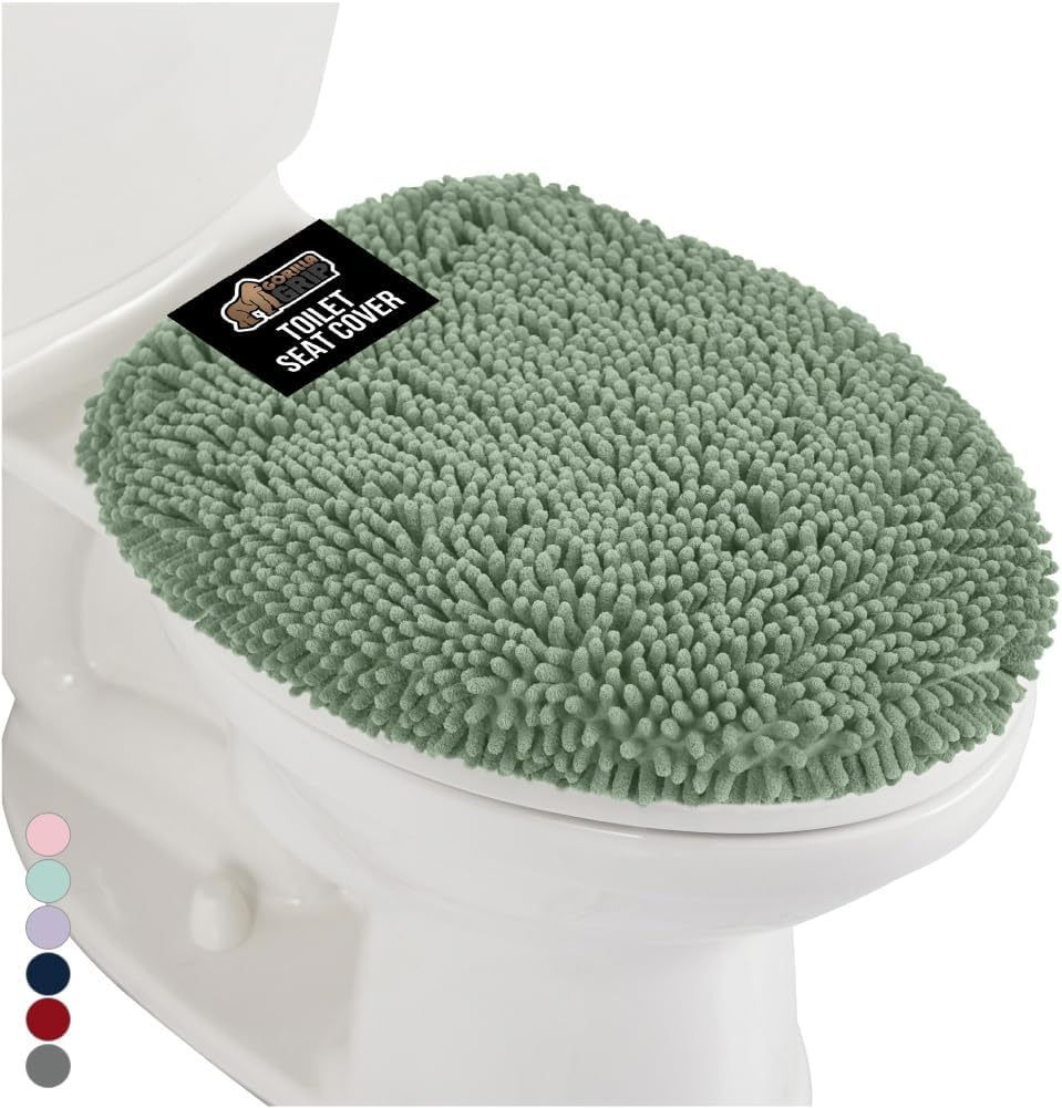 GORILLA GRIP Soft Chenille Bathroom Toilet Lid Cover, Machine Washable Seat Covers, 19.5x18.5, Stays in Place Rubber Backing, Fits Most Round, Elongated and Oblong Lids, Accessories Decor, Sage Green