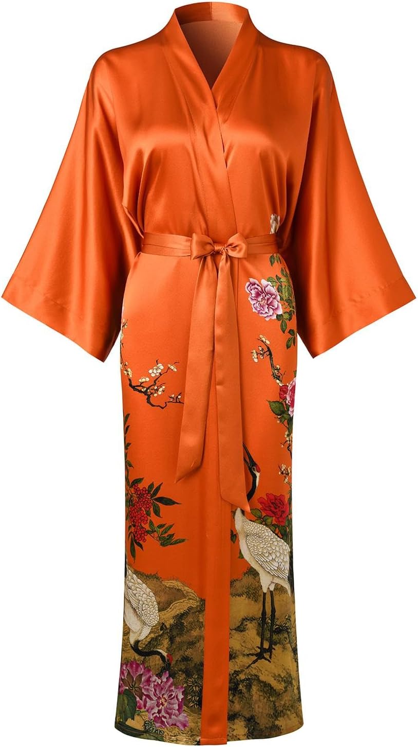 Women's Silk Kimono Robe Long Bathrobe Nightgown 100% Mulberry Silk for Women - Classic Floral Pattern