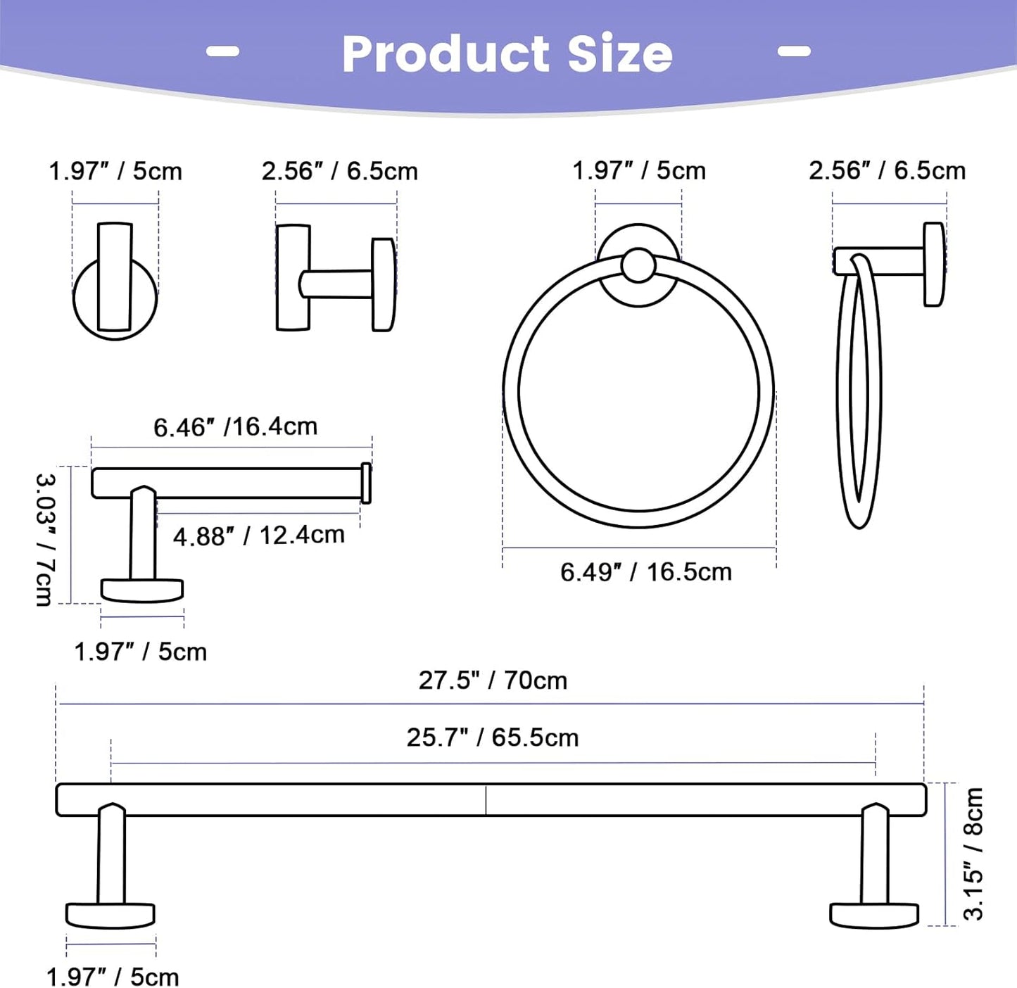 YACVCL 5 Pieces Bathroom Hardware Set Black, 27.5 Inch Towel Holder for Bathroom Wall SUS304 Stainless Steel, Matte Black Bathroom Accessories Wall Mounted, Bathroom Towel Holder Set, Towel Rod