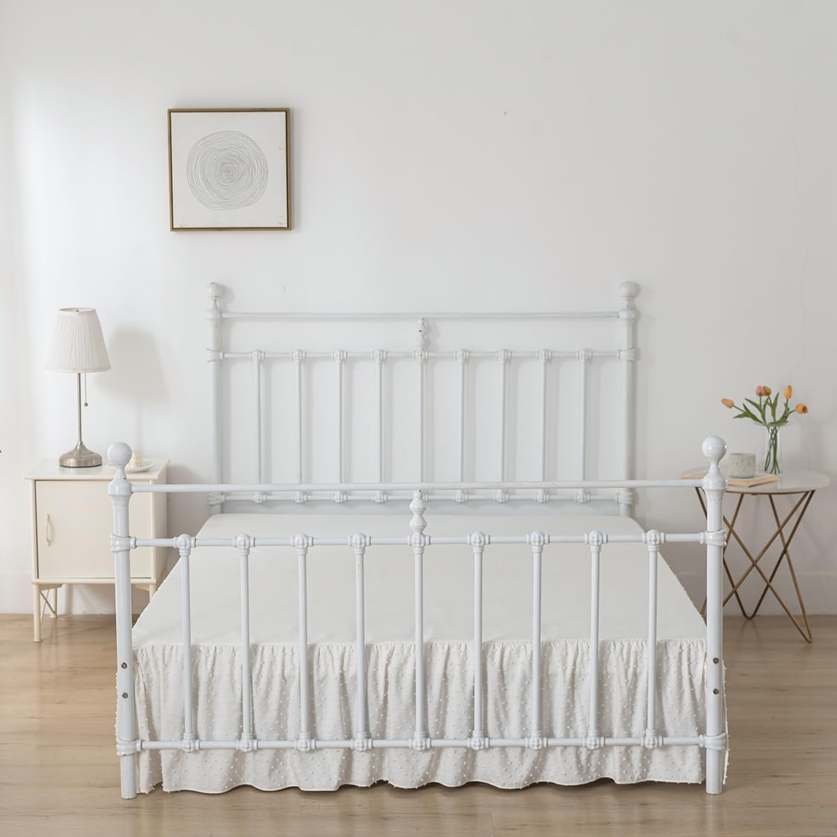 Tufted Dot Bed Skirt King Size Ruffled Bed Skirt with Split Corners, 18 Inch Drop Dust Ruffle Bed Skirts with Platform, Ivory