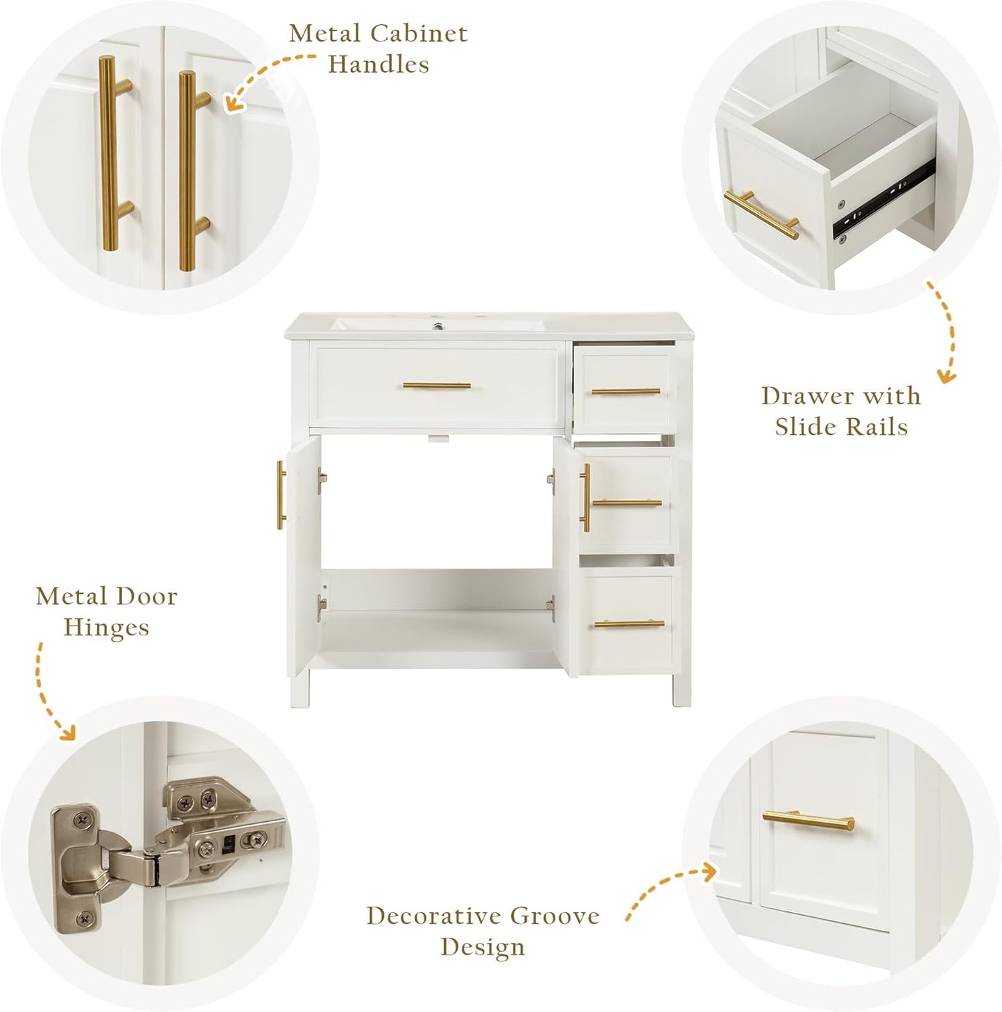 Favfurish 36" Bathroom Vanity with Sink Combo,Bathroom Vanity Cabinet with Two Soft-Closing Doors and Four Drawers,Free Stading Vanities w/Gold Handler,for Bathroom,Easy Assembly,White