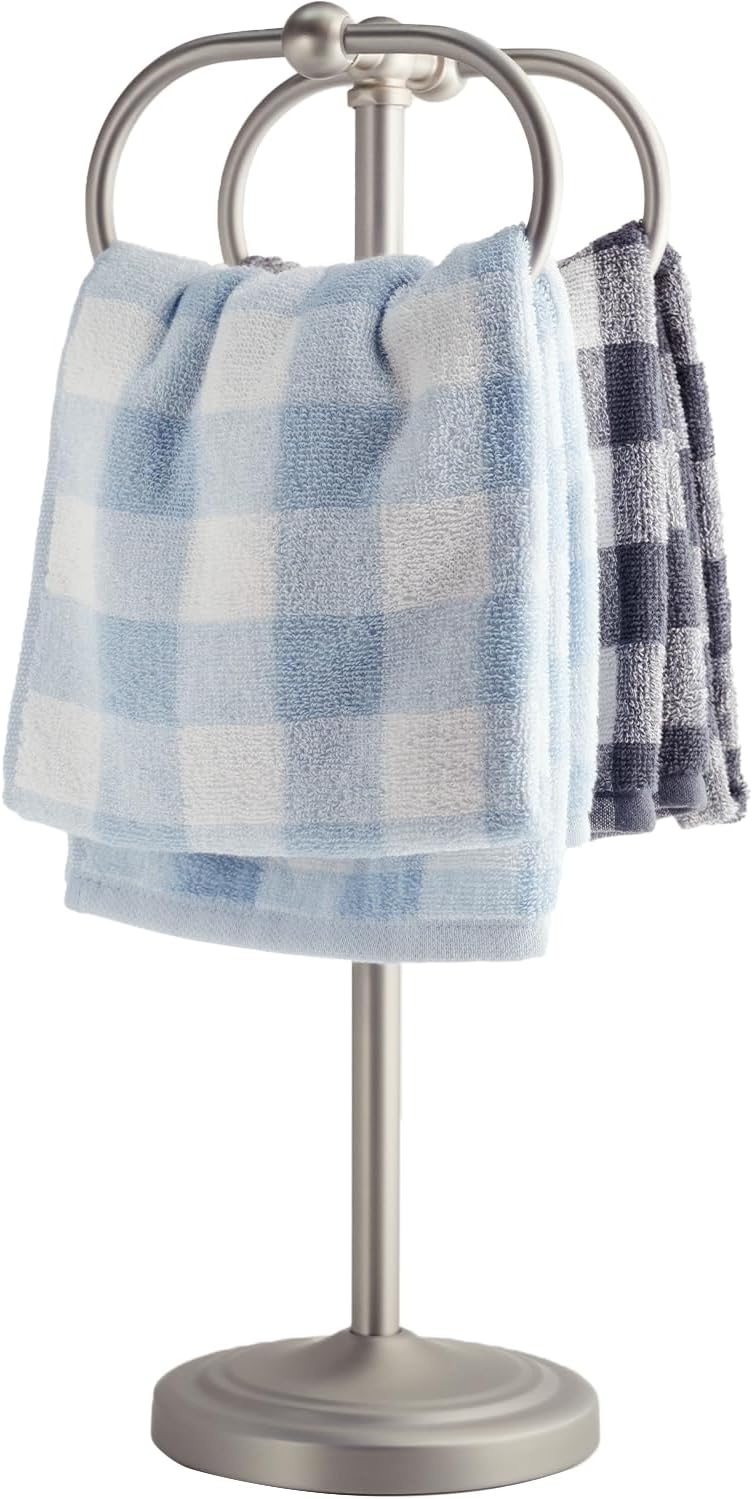 17 Inch Stainless Steel Hand Towel Holder Double Stand Hand Towel Ring for Washcloths or dishcloths Non-Slip Base Free Standing Towel Rack for Bathroom Kitchen (Brushed)