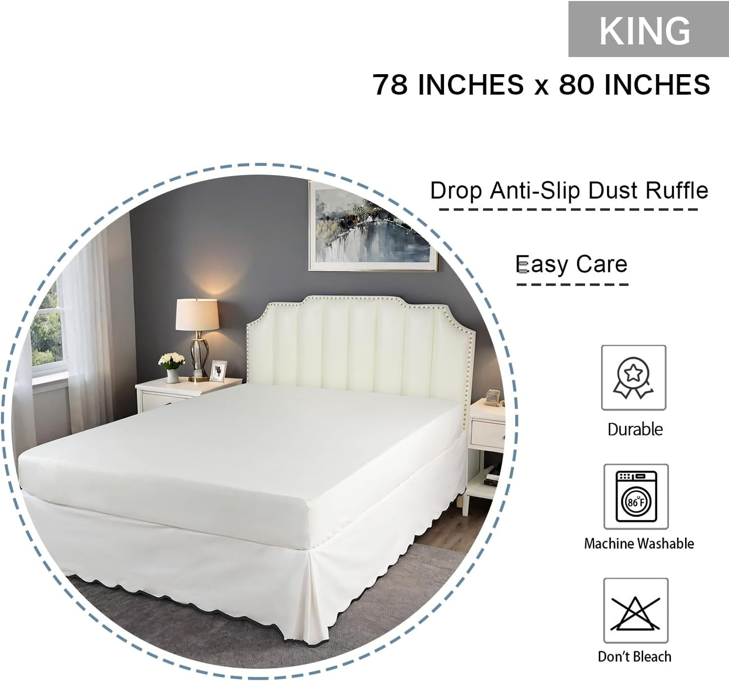 HIG Off-White Chic King Bed Skirt - Easy Fit Scallop Edge Pleated Bedskirts, 14 Inch Drop Anti-Slip Dust Ruffle, Thick Fabric for Enhanced Privacy, Pre-Washed for Long-Lasting Use(N60022)