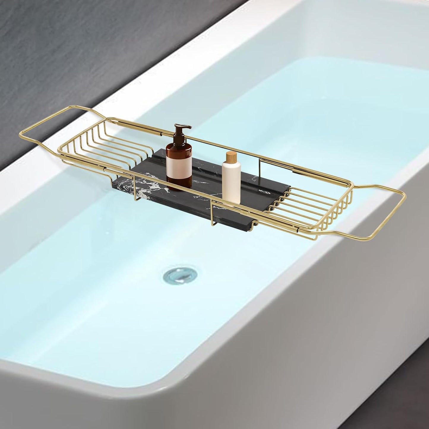Bathtub Tray Caddy for Luxury Bath, Stainless Steel 26.8-35.4 in Expandable Extra Wide Bath Tub Tray with Natural Marble and Mobile/Tablet Stand, Ideal for Home Spa Lovers (Gold + Black)