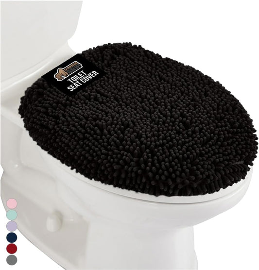 GORILLA GRIP Soft Chenille Bathroom Toilet Lid Cover, Machine Washable Seat Covers, 19.5x18.5, Stays in Place Rubber Backing, Fits Most Round, Elongated and Oblong Lids, Accessories Decor, Black