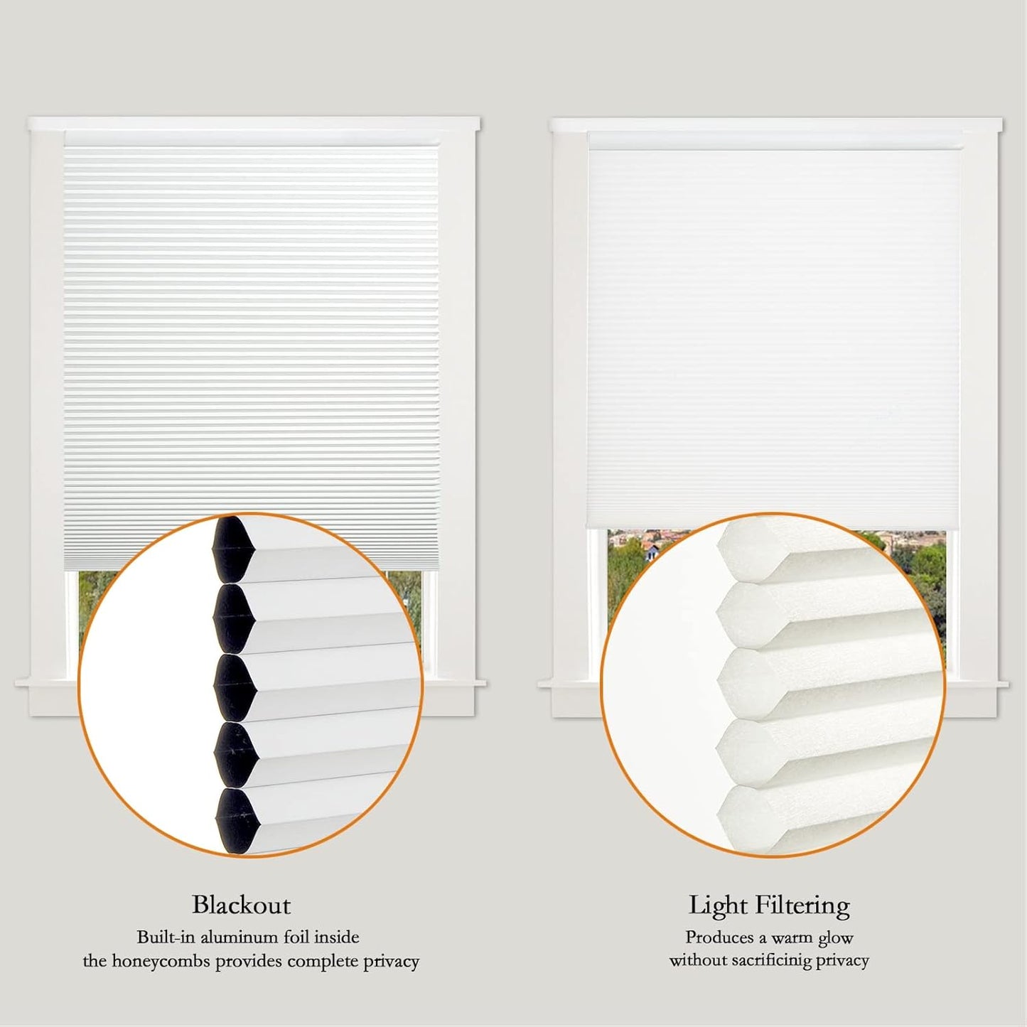 Persilux Light Filtering Cordless Cellular Shades 1.5" Cellular Blinds for Windows, Office, and Sliding Glass Doors, White, 51" W x 60" H