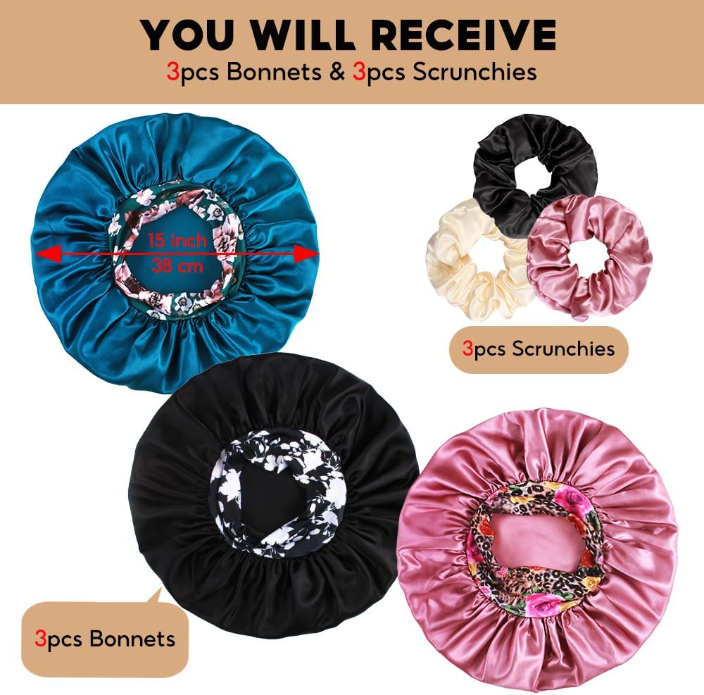 3+3 Large Satin Bonnets with Scrunchies for Women, Wide Band Hair Bonnet for Sleeping Braids Curly Hair