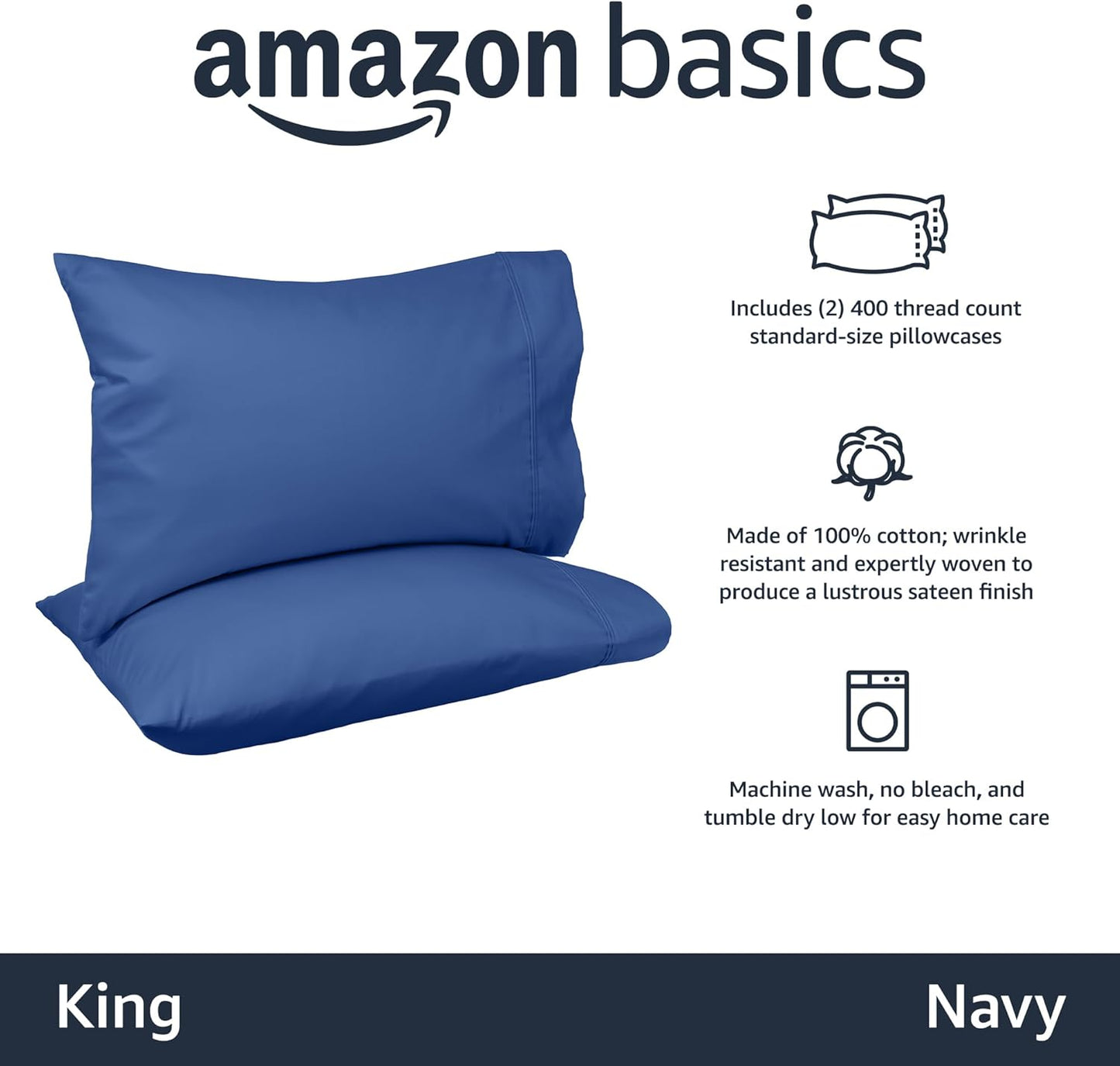 Amazon Basics 400 Thread Count Cotton Pillow Cases, King, 40" L x 20" W, Navy - Set of 2, Pillows Not Included