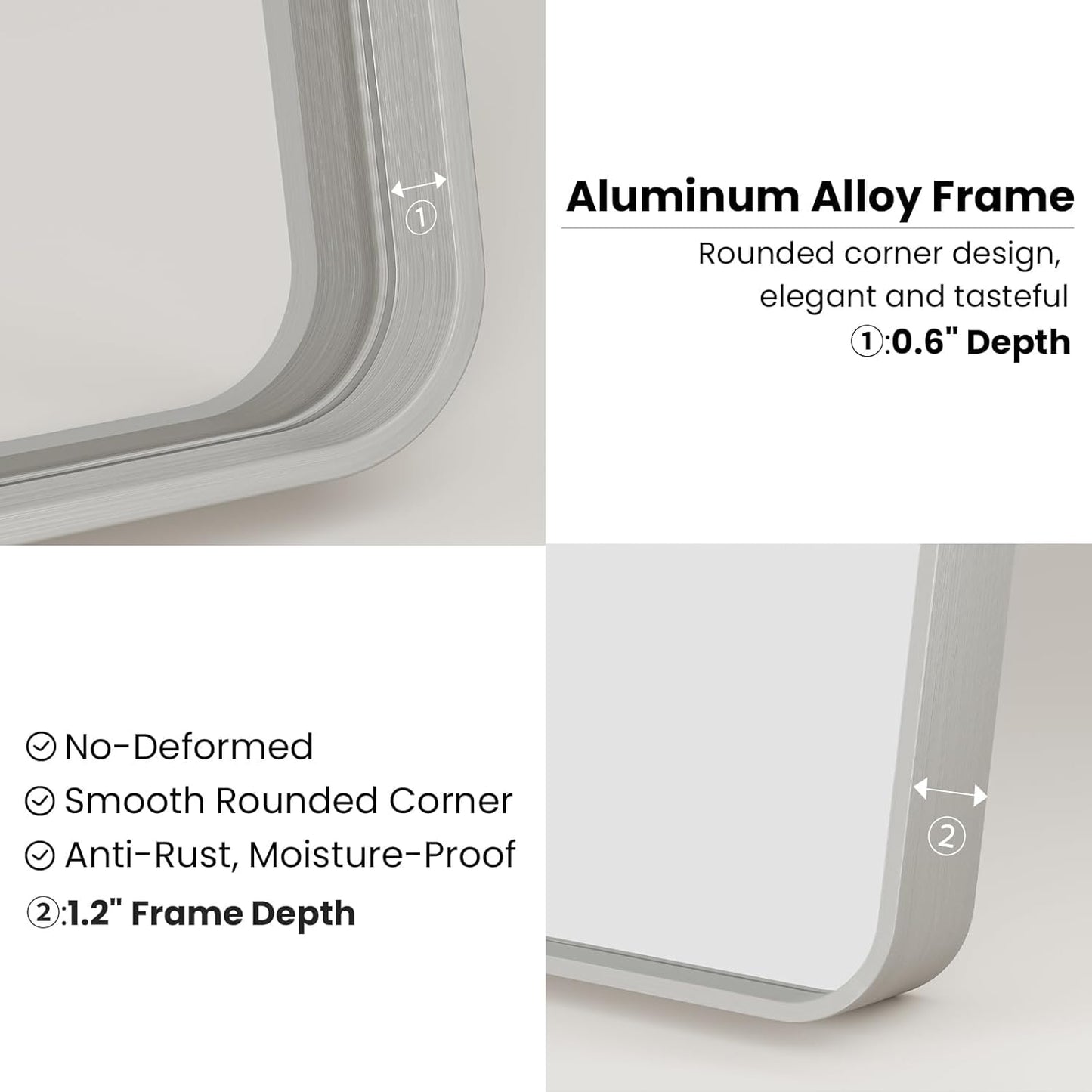 22x30 Inch Brushed Nickel Bathroom Mirror, Thick Silver Metal Rectangle Frame Wall Mirror, Modern Round Corner Bathroom Vanity Mirror for Over Sink, Bedroom, Living Room, Entryway