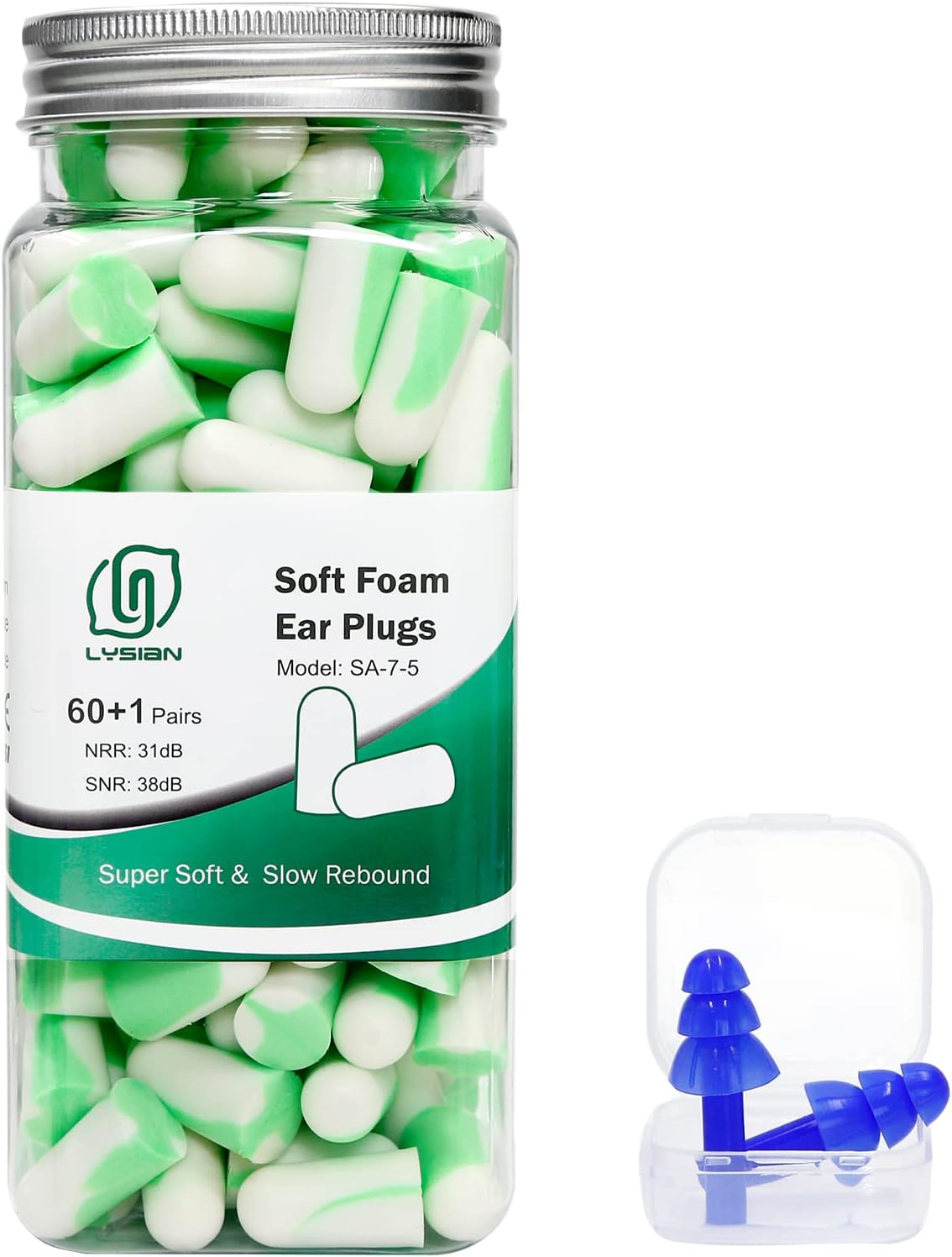 LYSIAN Ultra Soft Foam Earplugs for Sleep 60 Pairs, 38dB SNR Ear Plugs for Sleeping Noise Cancelling, Mowing and Snoring,Double Color Green/White