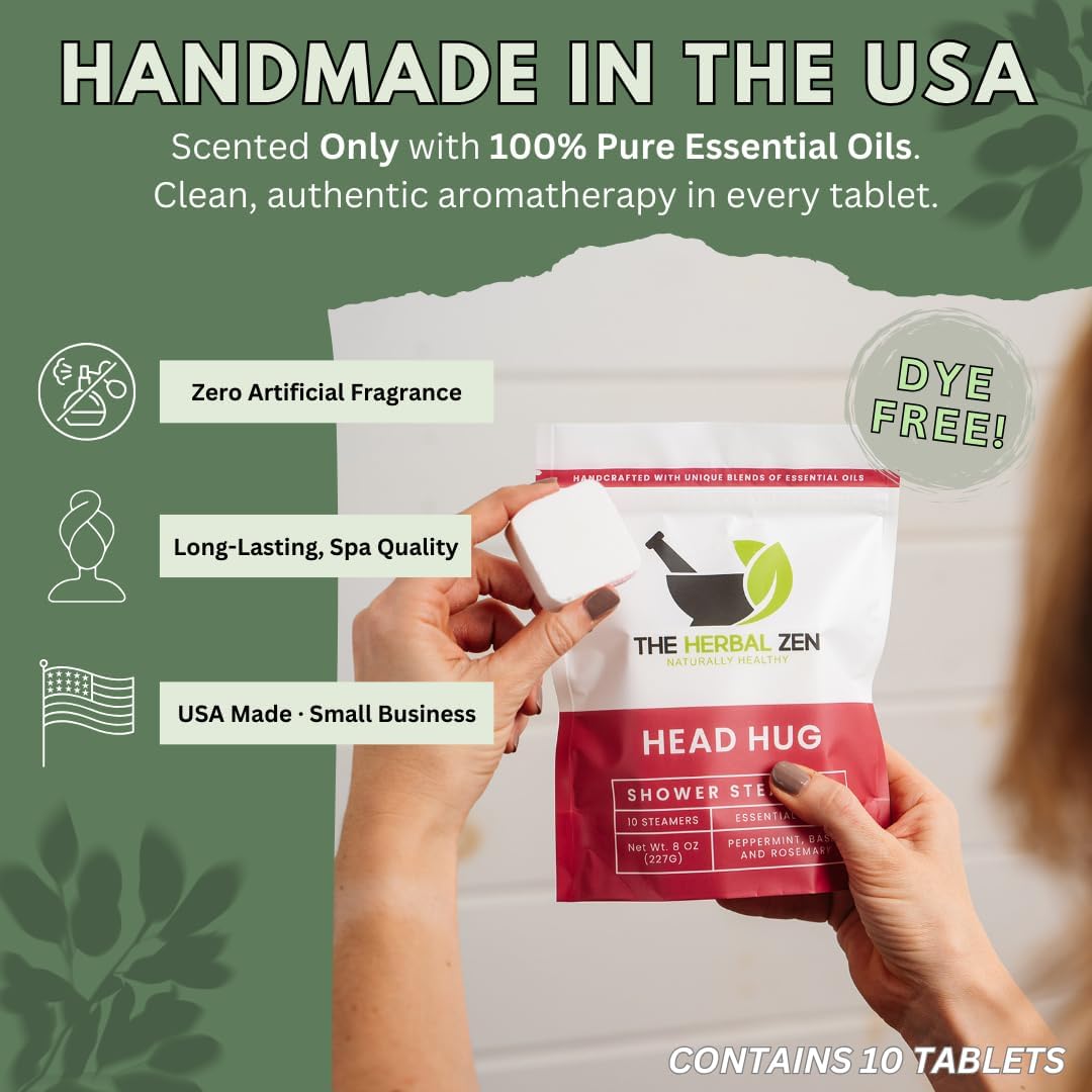 Head Hug Shower Steamers Aromatherapy for Relief - Christmas Gift - Adult Stocking Stuffer - USA Made - Peppermint & Rosemary Shower Bomb Tablets - Soothing Natural Essential Oils (10 Pack)