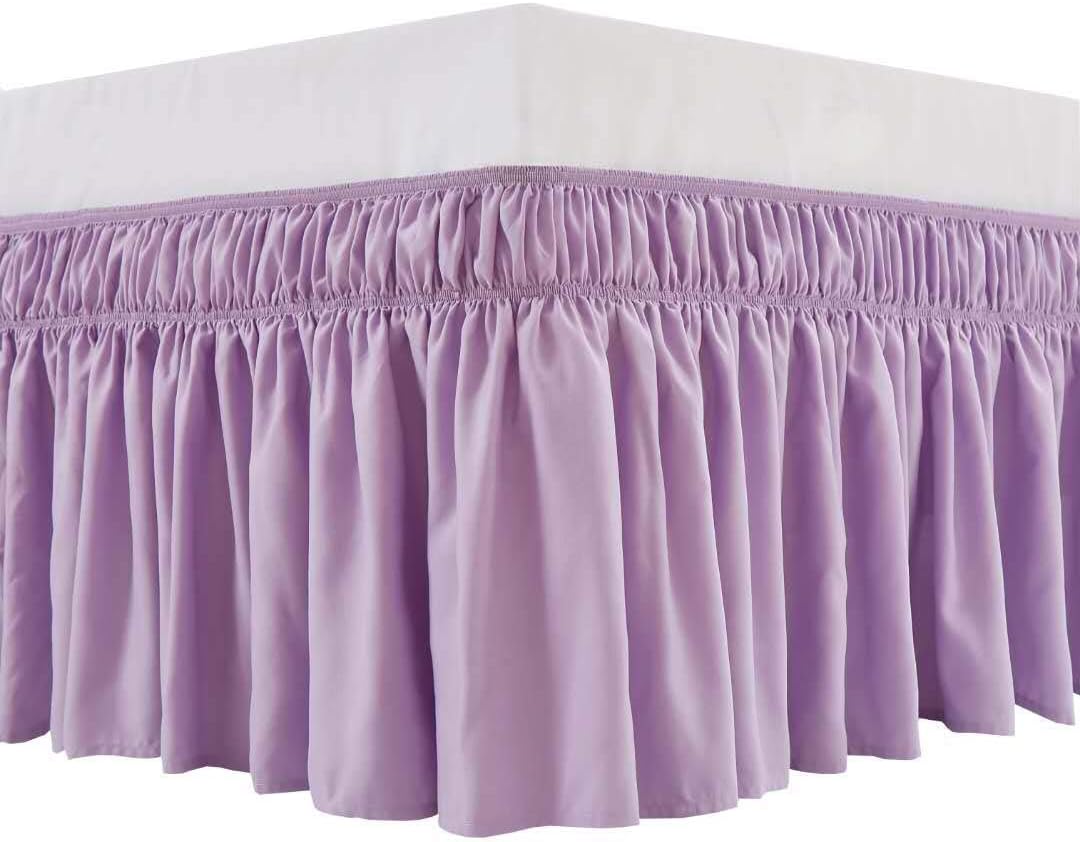 MEILA Wrap Around Bed Skirt Three Fabric Sides Elastic Dust Ruffled 16 Inch Tailored Drop,Easy to Install Fade Resistant-Light Purple, Queen/King