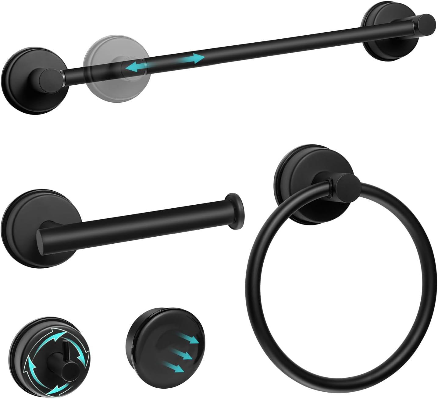 5 Piece Suction Cup Bathroom Accessories Set, Adjustable 12-21 Inches Suction Cup Towel Bar Towel Racks, Robe Towel Hooks Toilet Paper Holder for Glass Shower Door Bathroom Matte Black