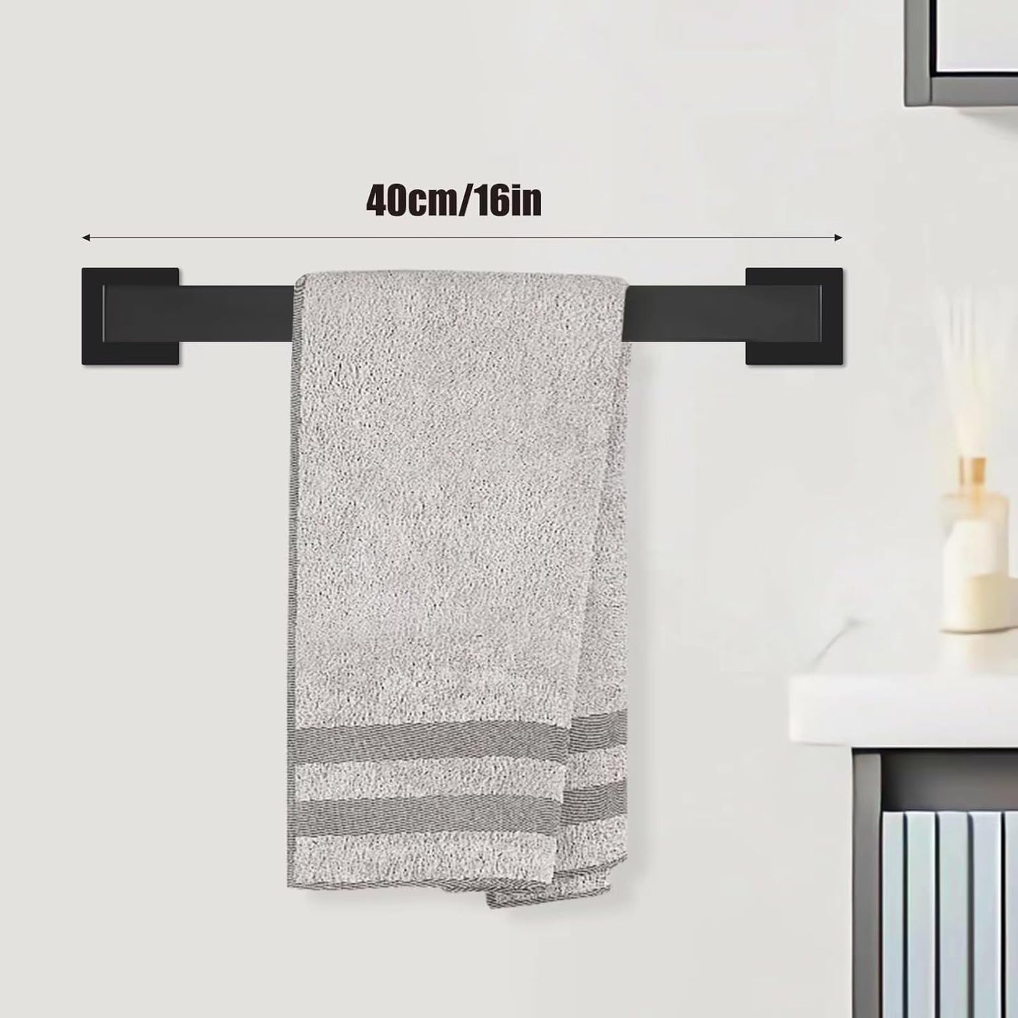 5-Piece Bathroom Hardware Set - Black Towel Bar Set with 2 Towel Hooks, Stainless Steel Wall Mounted Bathroom Towel Rack - Square, 16-Inch