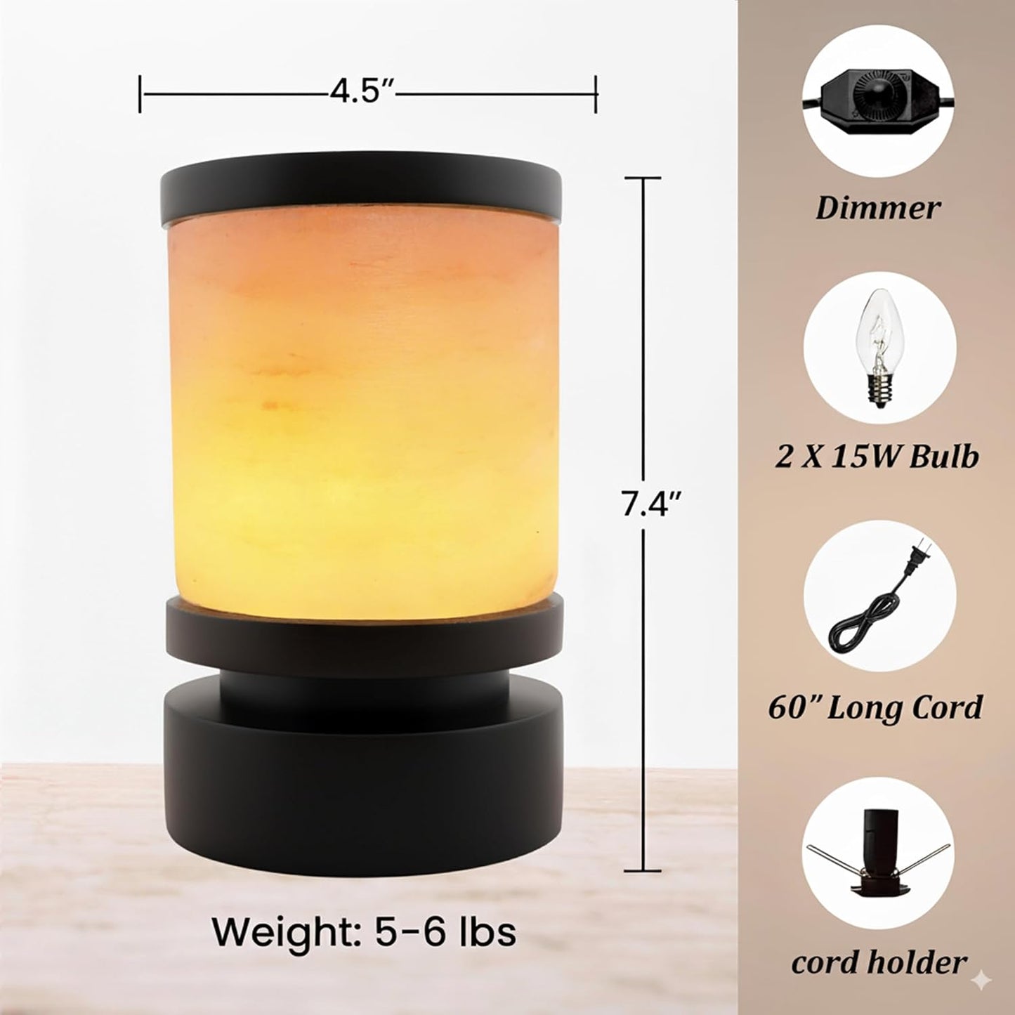POHS Himalayan Pink Salt Round Lamp with Premium Black Polished Wooden Base, 60'' Long Dimmer Switch Cord and Two Light Bulbs; Hand Crafted,for Home, Office and Gift for Christmas