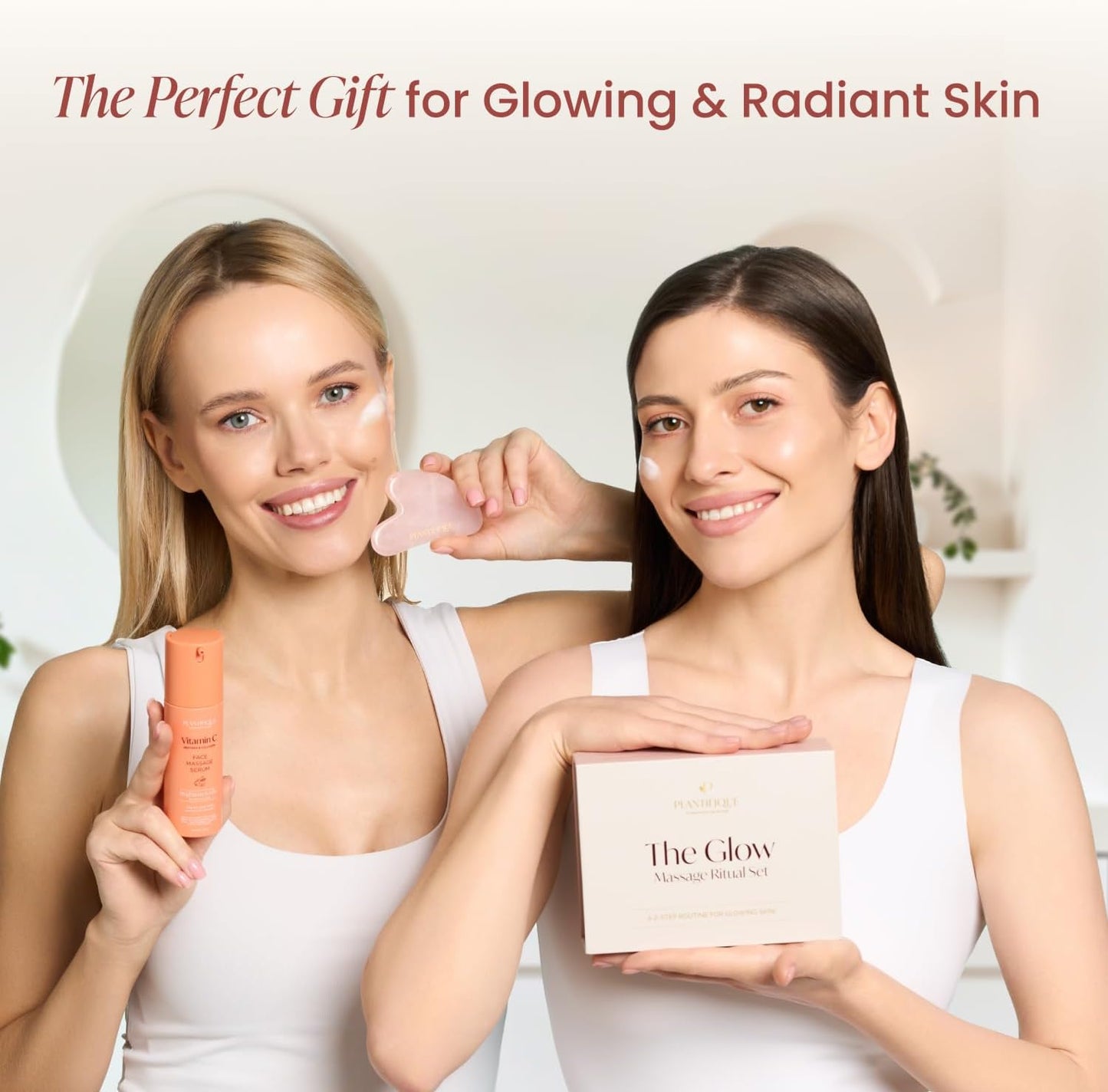 PLANTIFIQUE Massage Ritual Set Premium Certified Rose Quartz Gua Sha + Vitamin C Serum Skin Care Set, Birthday Gifts for Women, Teens, Mom, Brides