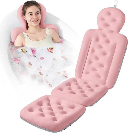 Bath Cushion, Full Body Bathtub Pillow with 160 Suction Cups, Bath Mat for Head and Neck Support, with Laundry Bag (Light Pink, 56.2" x 16.2")