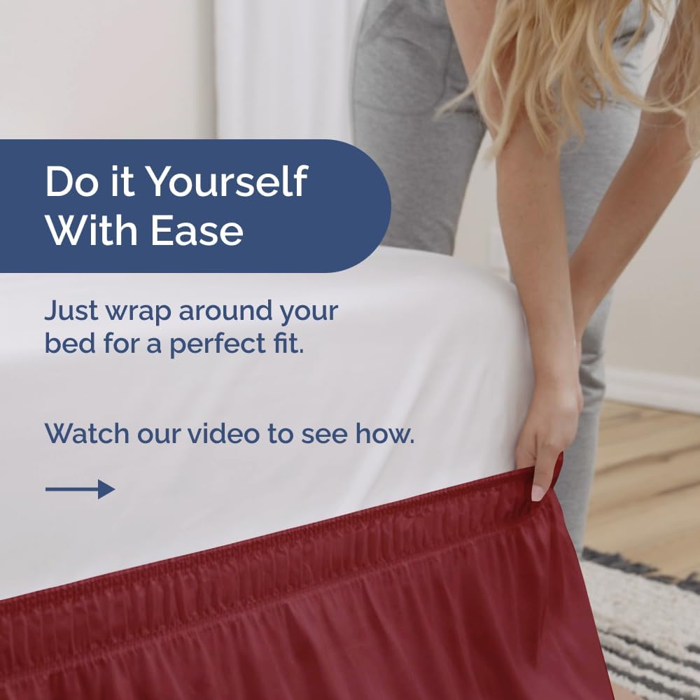 Wrap Around Dust Ruffle Bed Skirt - Burgundy - for Full Size Beds with 21 Inch Drop - Easy Fit Elastic Strap - Adjustable Pleated Bedskirt w/Brushed Fabric Wrinkle Free - for Women, Men, Kids & Teens