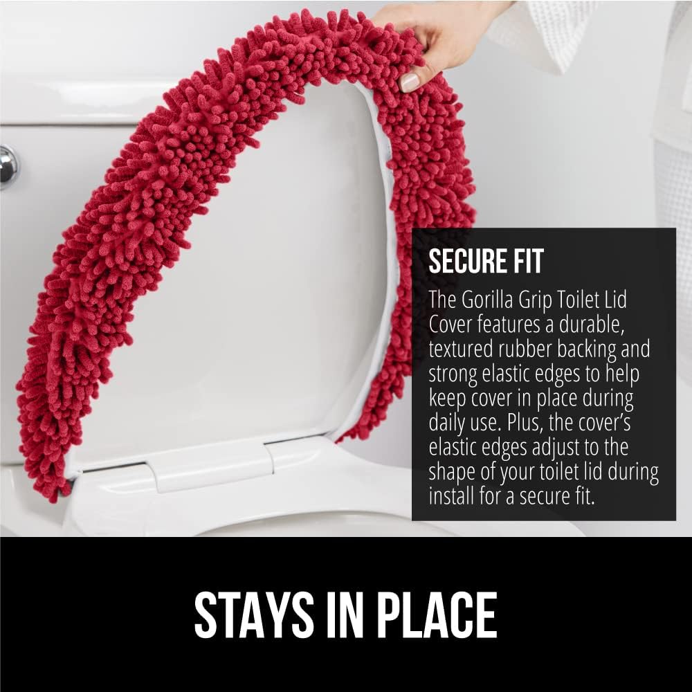 GORILLA GRIP Soft Chenille Bathroom Toilet Lid Cover, Machine Washable Seat Covers, 19.5x18.5, Stays in Place Rubber Backing, Fits Most Round, Elongated and Oblong Lids, Accessories Decor, Red