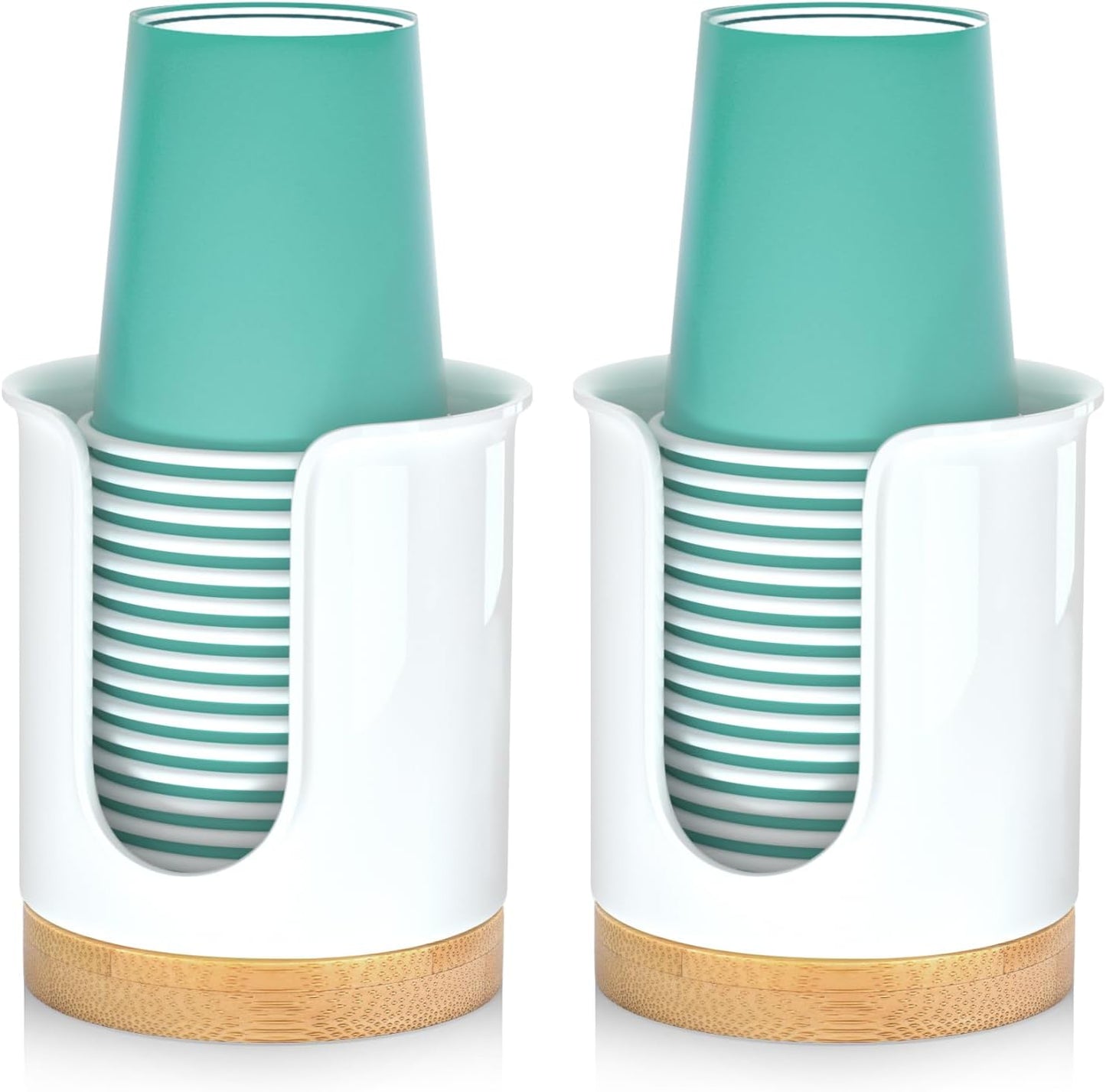 2 Pack Bathroom Cup Dispenser - Small Cup Holder and Mouthwash Cups Holder for 3 Oz Countertop - Convenient Paper Cup Dispenser - Bamboo Wood Base Bathroom Cup Holder（White）