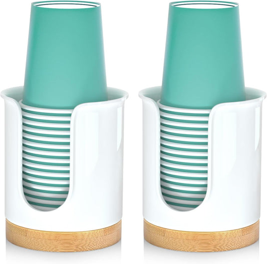2 Pack Bathroom Cup Dispenser - Small Cup Holder and Mouthwash Cups Holder for 3 Oz Countertop - Convenient Paper Cup Dispenser - Bamboo Wood Base Bathroom Cup Holder（White）