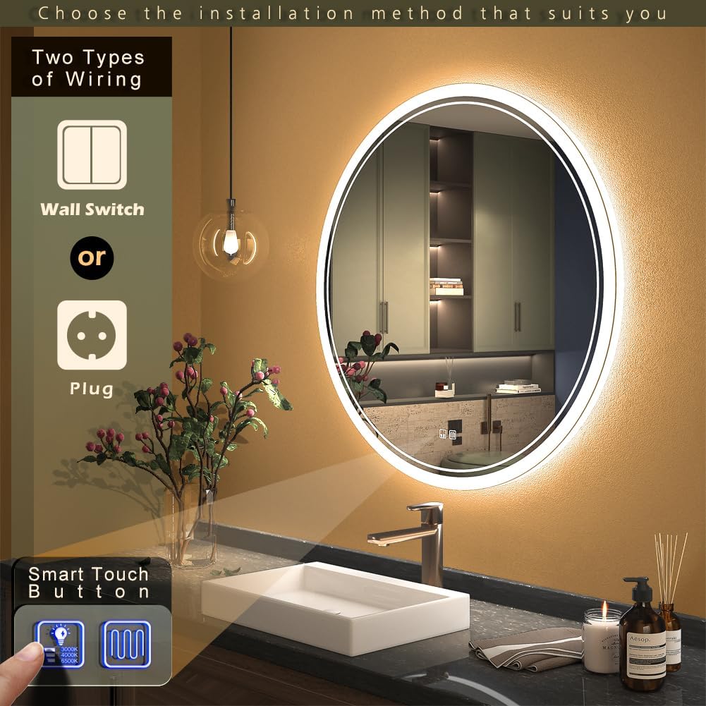 KWW Round Mirror Bathroom LED Lighted Mirror, Illuminated Dimmable Anti-Fog Wall-Mounted Makeup Vanity Mirror with Lights (27.5" L x 27.5" W)