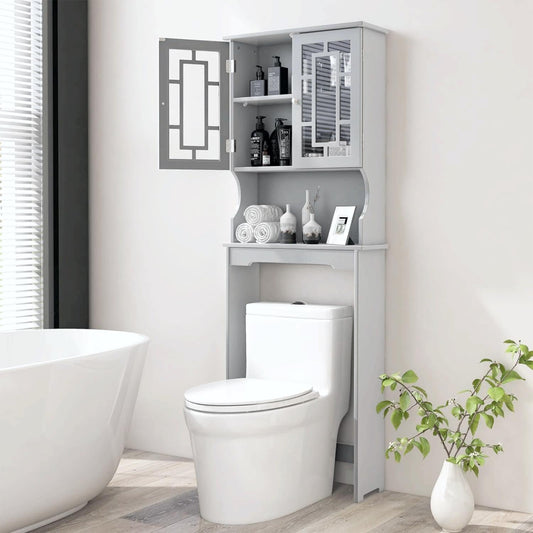 BestComfort Wooden Over The Toilet Storage Cabinet, Home Bathroom Space Saver, Double Doors, Adjustable Shelf Organizer, Open Storage Shelf, Freestanding Toilet Storage Rack Unit (Gray), Grey