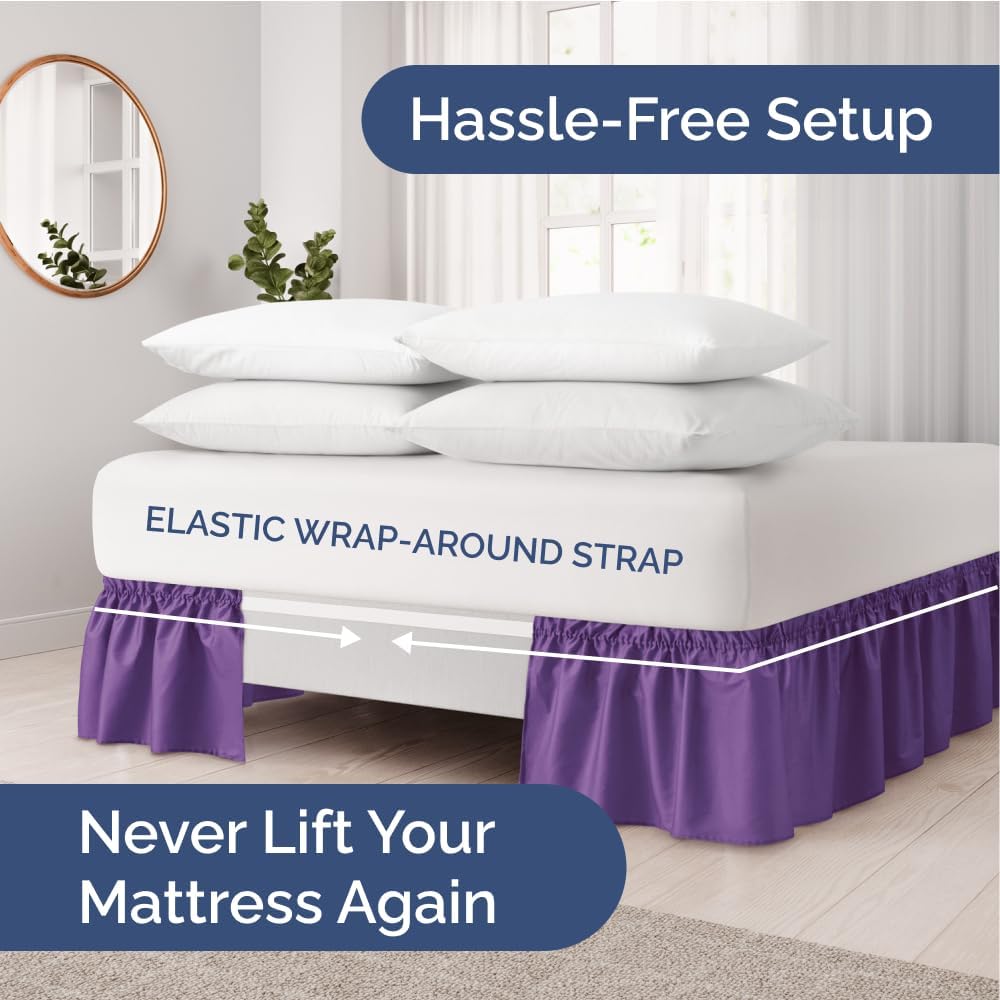 Wrap Around Dust Ruffle Bed Skirt - Purple - for Full Size Beds with 12 Inch Drop - Easy Fit Elastic Strap - Adjustable Pleated Bedskirt w/Brushed Fabric - Wrinkle Free - for Women, Men, Kids & Teens