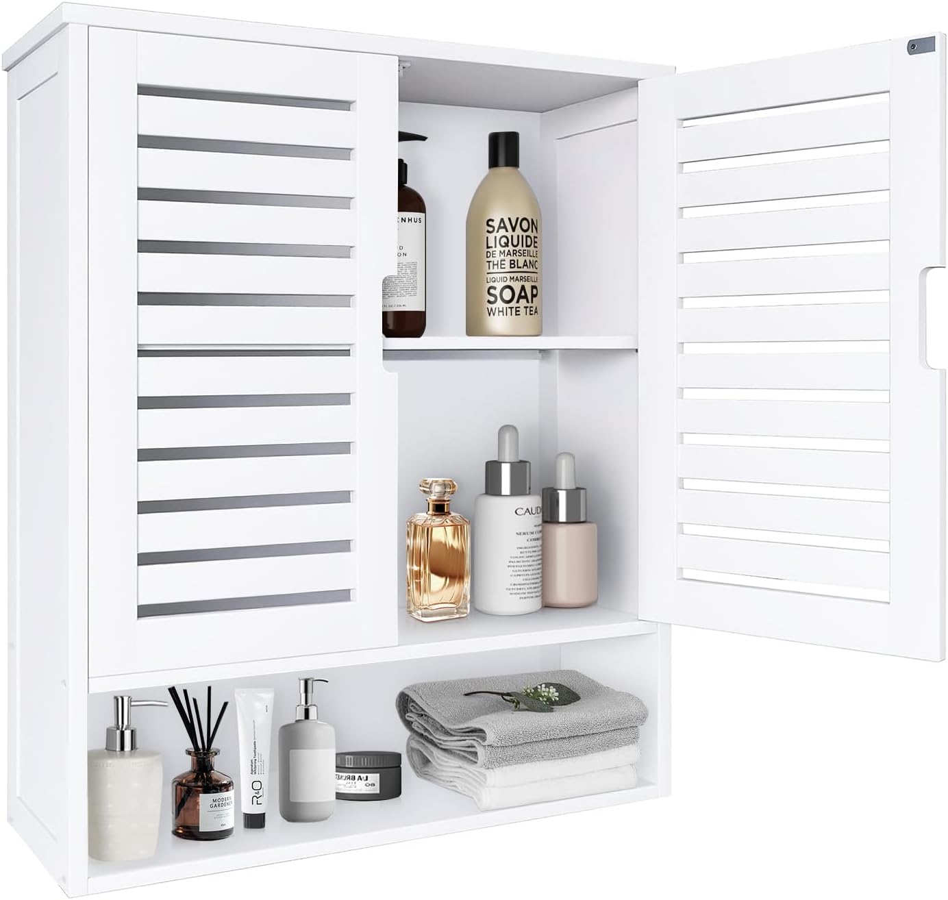 HYNAWIN White Organized Bathroom Storage Cabinet with Lattice Doors,Spacious Storage with Adjustable Shelves for Bathroom or Kitchen Essentials