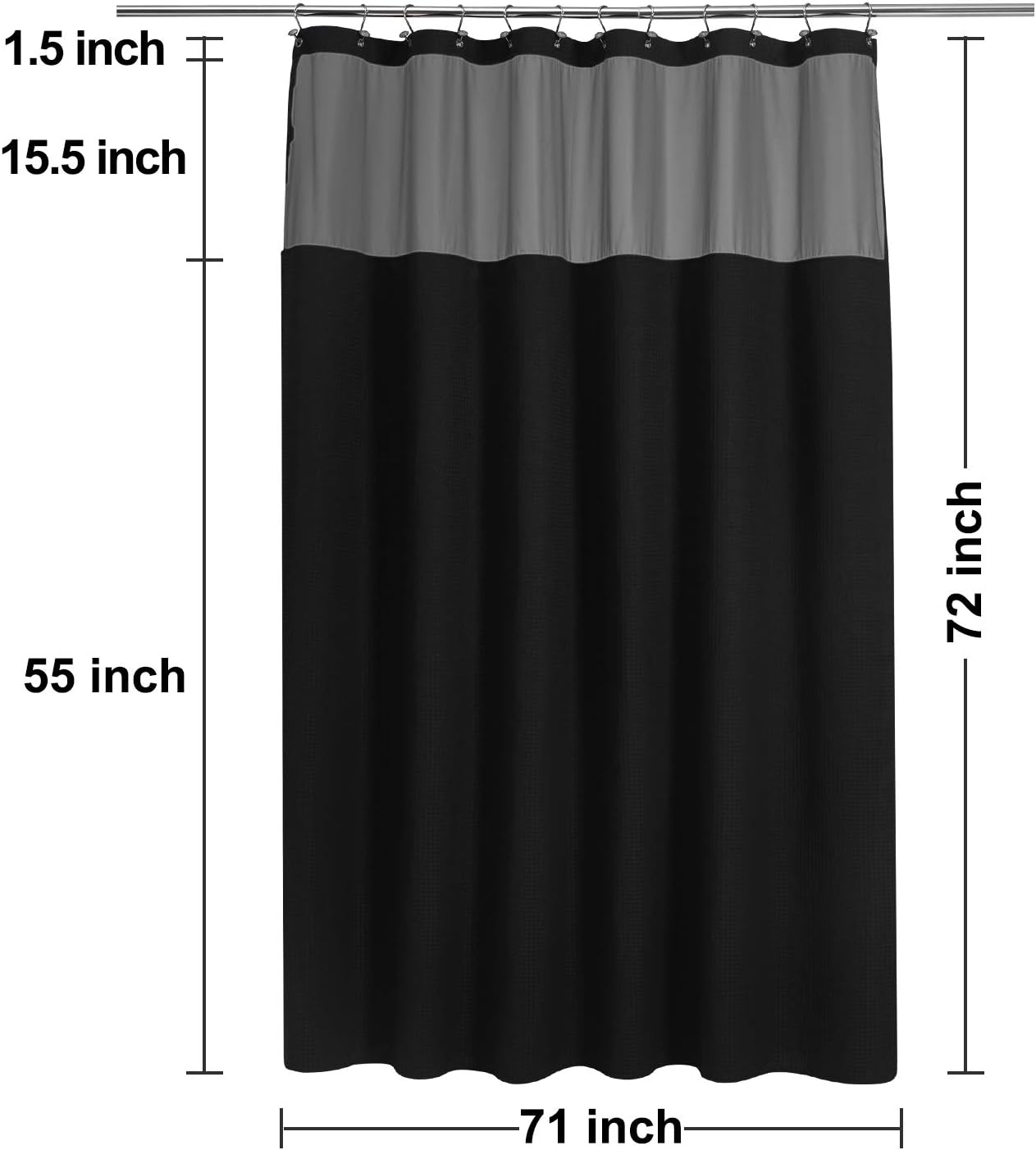 N&Y HOME Waffle Weave Shower Curtain with Snap-in Fabric Liner & 12 Black Hooks Set - Hotel Style, Water-Repellent & Washable, Mesh Top Window - 71x72, Black