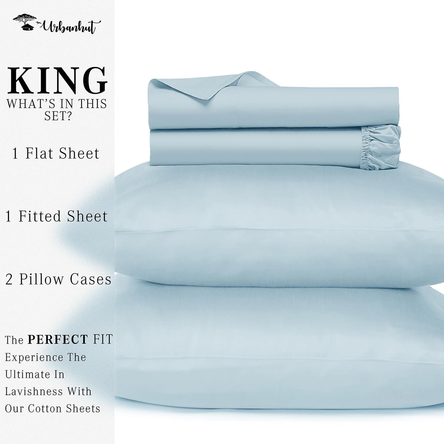 URBANHUT 700 Thread Count King Size Egyptian Cotton Sheets, 4Pc Sheet Set Soft Luxury Bed Sheets for King Size Bedding, Sateen Weave Hotel Bedsheets, 16'' Elasticized Deep Pocket - Light Blue