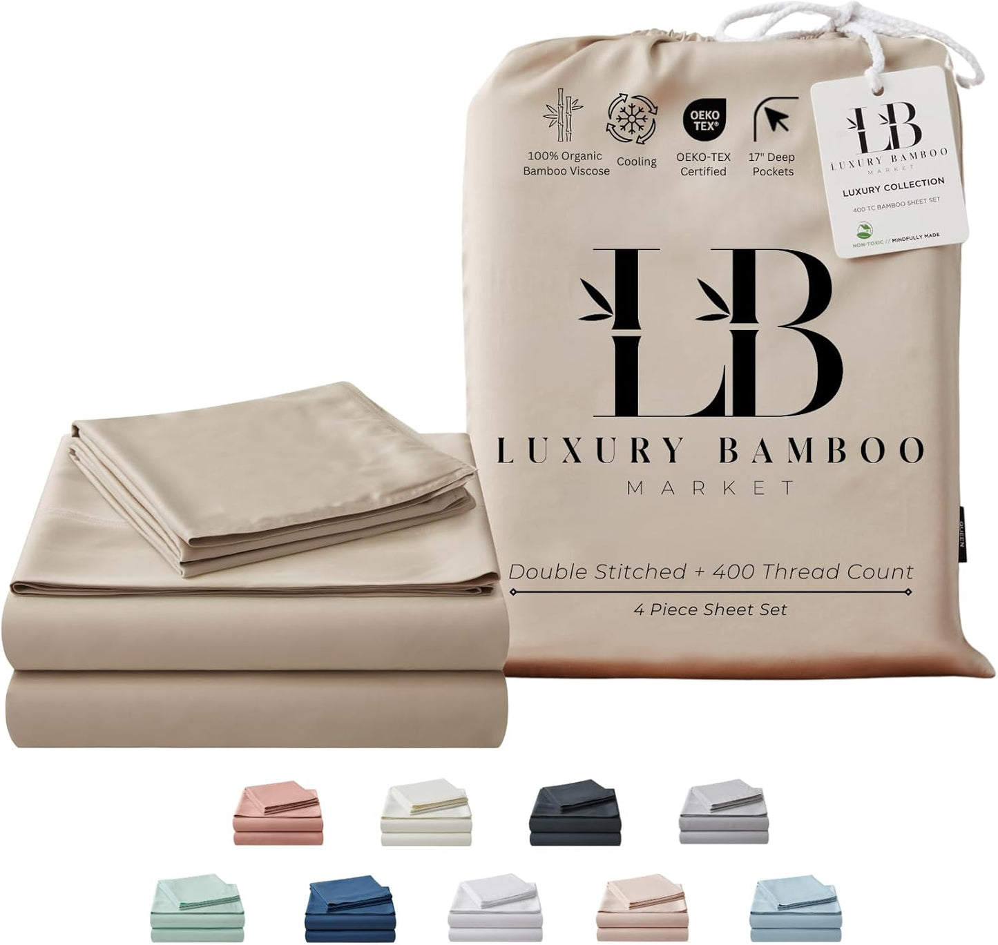 Luxury Bamboo Market | Queen Size Bed Sheet Set | 100% Viscose Made from Bamboo | Organically Grown | Ultra Soft | Cooling Sheets for Hot Sleepers | 17" Deep Pocket [Dune]