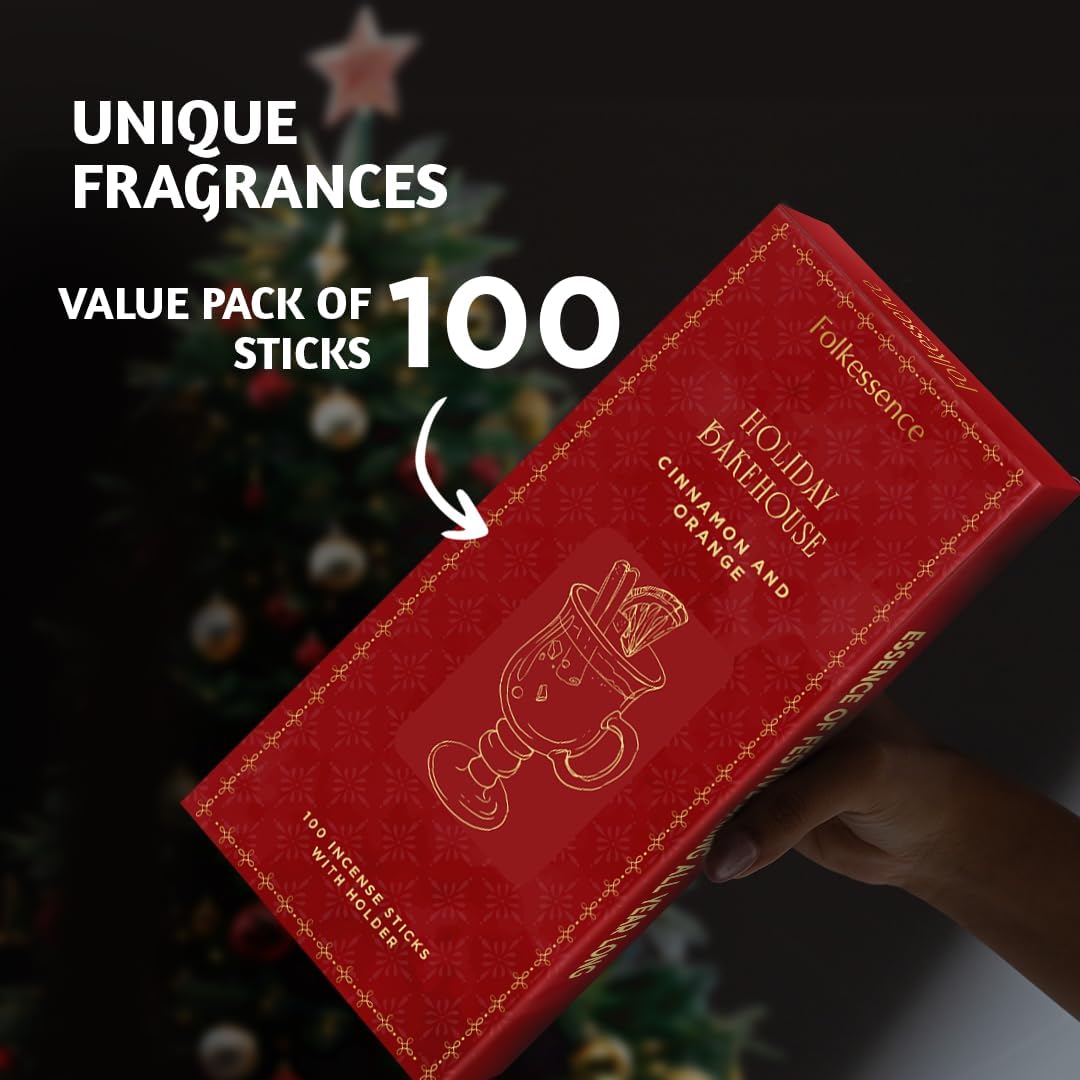 Folkulture Christmas Incense Sticks | Set of 120 Insence-Sticks with Holder for Relaxation |Cinnamon & Orange Incense| Organic, Slow Burning & Non Toxic Inscents | Luxe Fragrances - Gifts for Her