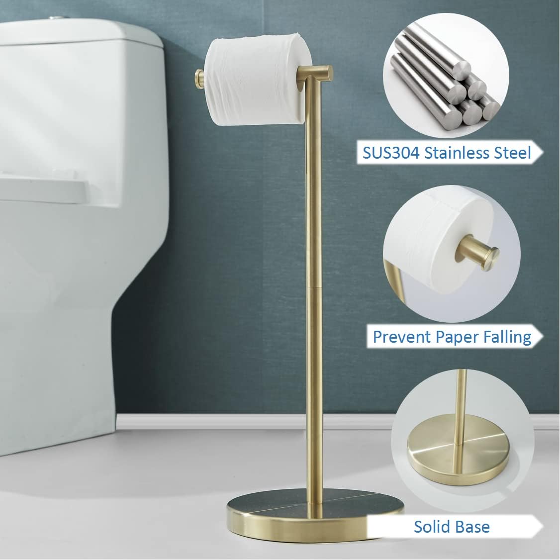Free Standing Toilet Paper Holder Stand,Gold Bathroom Roll Tissue Dispenser,Rustproof Base SUS 304 Stainless Steel (Brushed Gold) SHUNLI
