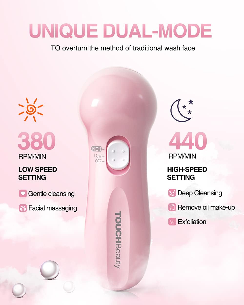 Electric Facial Cleansing Brush for Women, 3-in-1 Face Cleanser and Exfoliator Brush with 3 Brush Heads, 2 Speeds, Waterproof Spin Brush, Travel Size Case (Pink, Battery Operated)