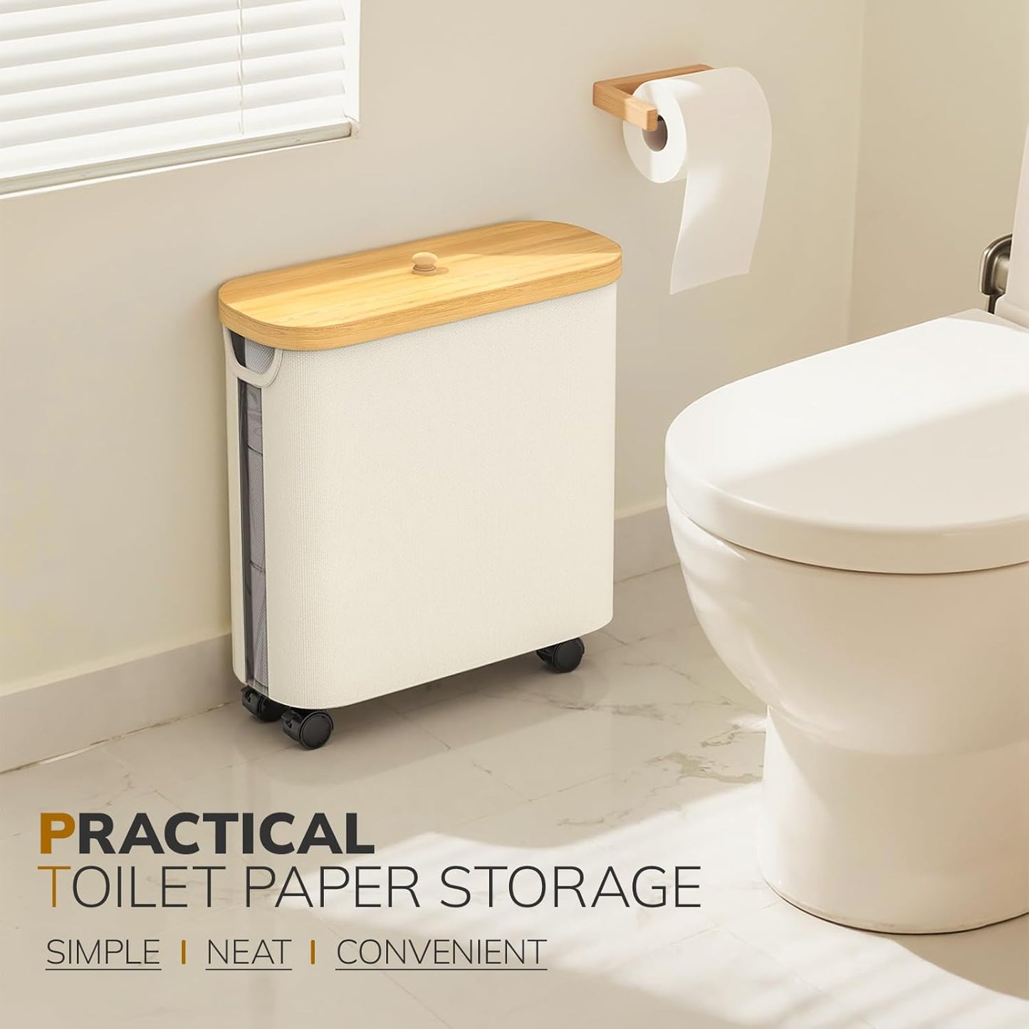 Toilet Paper Storage with Wheel Bamboo Toilet Paper Holder with Lid and Handle Toilet Papers Organizer for Bathroom Free Standing 30L Papers Basket for 9-12 Rolls Bathroom Accessories, Beige