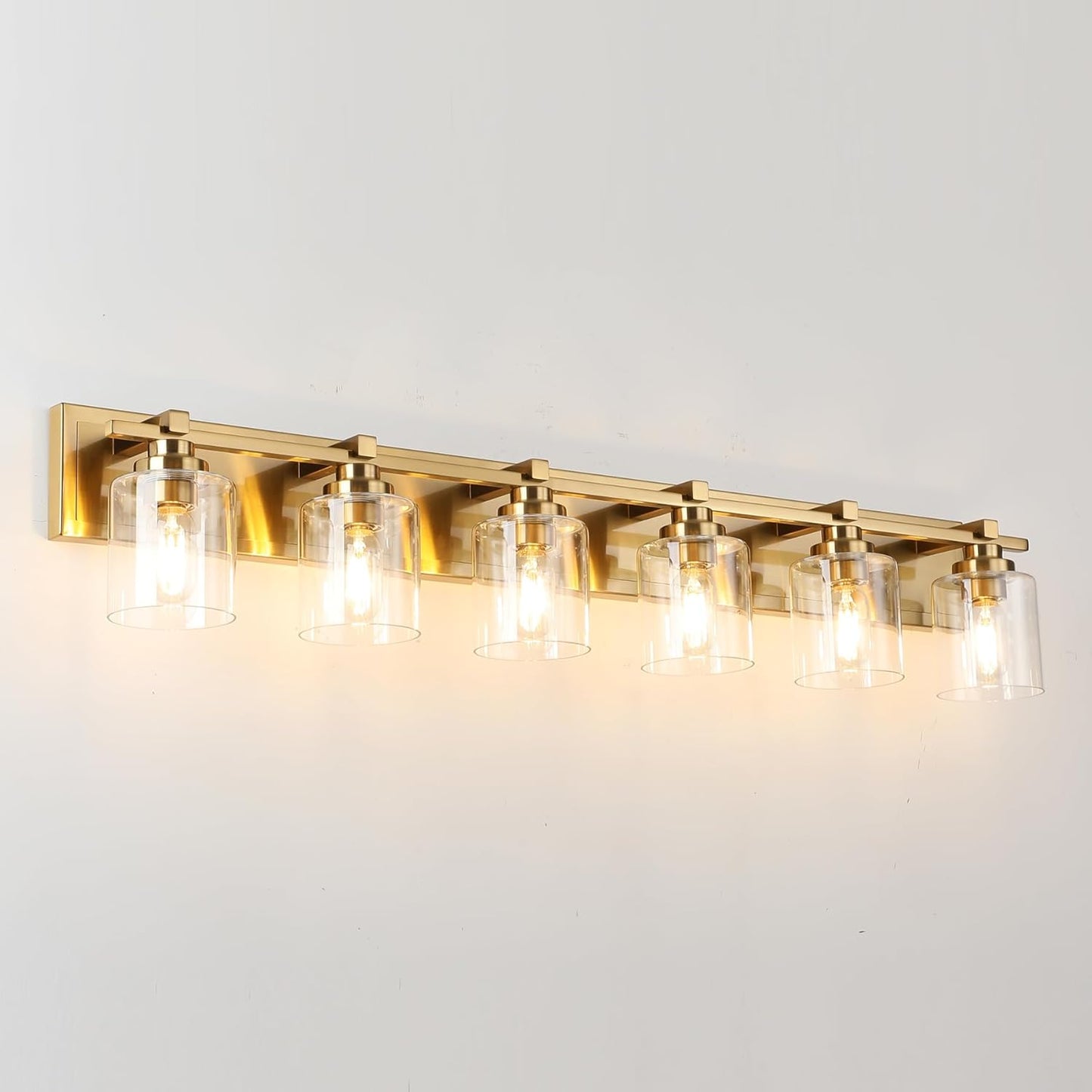 6 Light Modern Bathroom Light Fixtures Over Mirror, Brass Finish Vanity Lights for Bathroom Wall Sconces with Clear Glass Shades, E26 Socket (Bulbs Not Included)