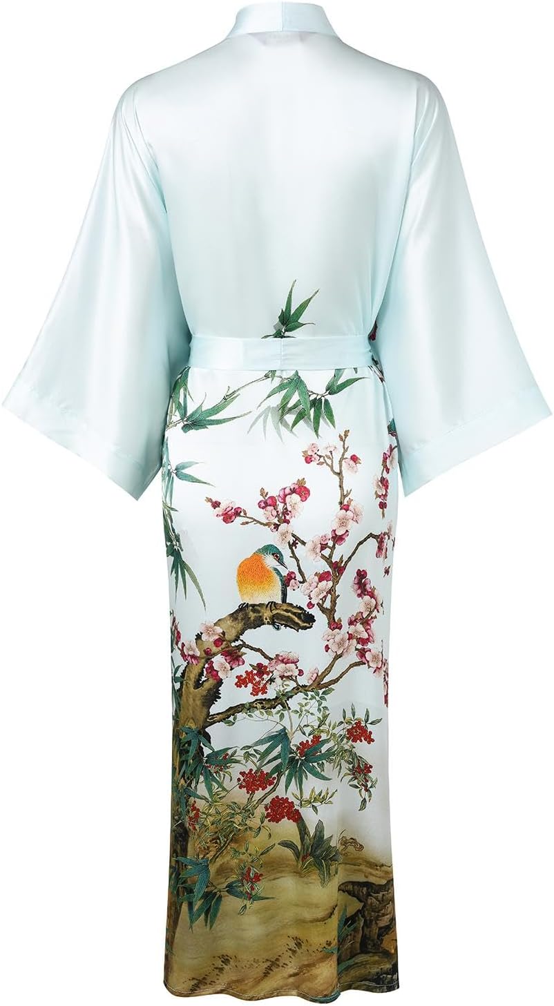 Women's Silk Kimono Robe Long Bathrobe Nightgown 100% Mulberry Silk for Women - Classic Floral Pattern