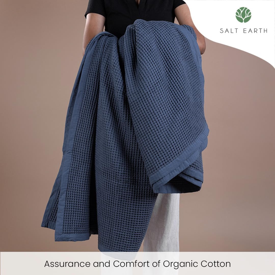 Salt Earth GOTS Certified 100% Organic Cotton Throw Blanket, 90" X 90" Waffle Blankets & Throws for Bed, Throw Blanket for Couch, Modern & Cozy Blanket, All Seasons Waffle Blanket, Soft Blanket(Navy)