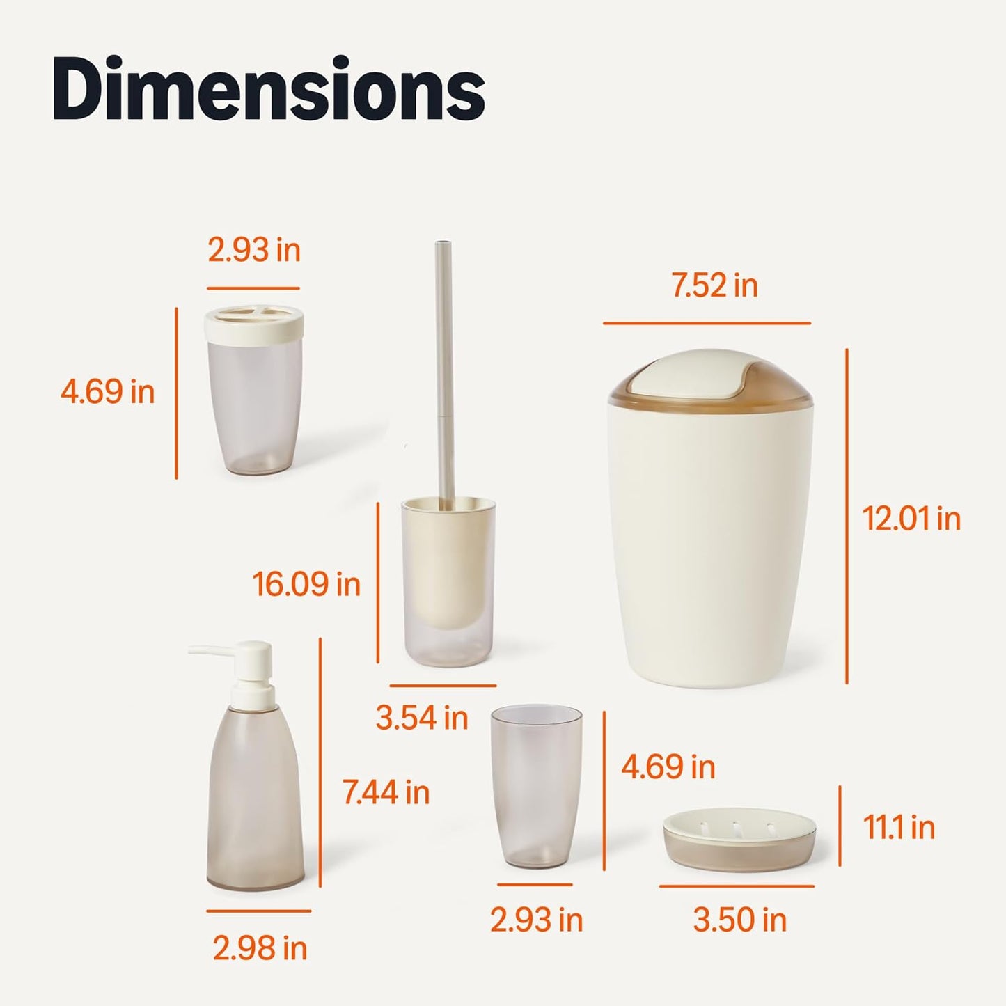 Amazon Basics 6 Pieces Bath Coordinate Set with Toothbrush Holder, Soap Dispenser and Soap Dish, Toothbrush Cup, Trash Can and Toilet Brush & Holder, Ivory